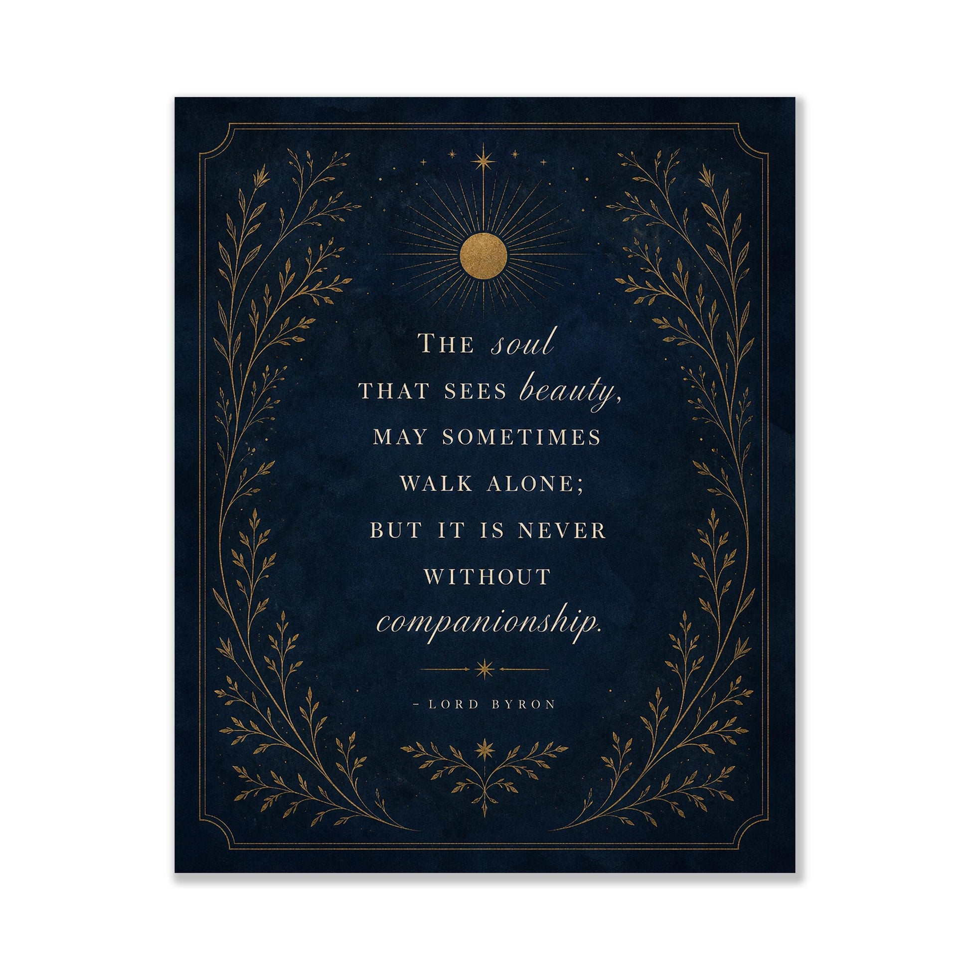 The Soul That Sees Beauty Wall Art Print, Lord Byron Quote, Literary Home Decor, Navy Blue Gold Botanical Gift