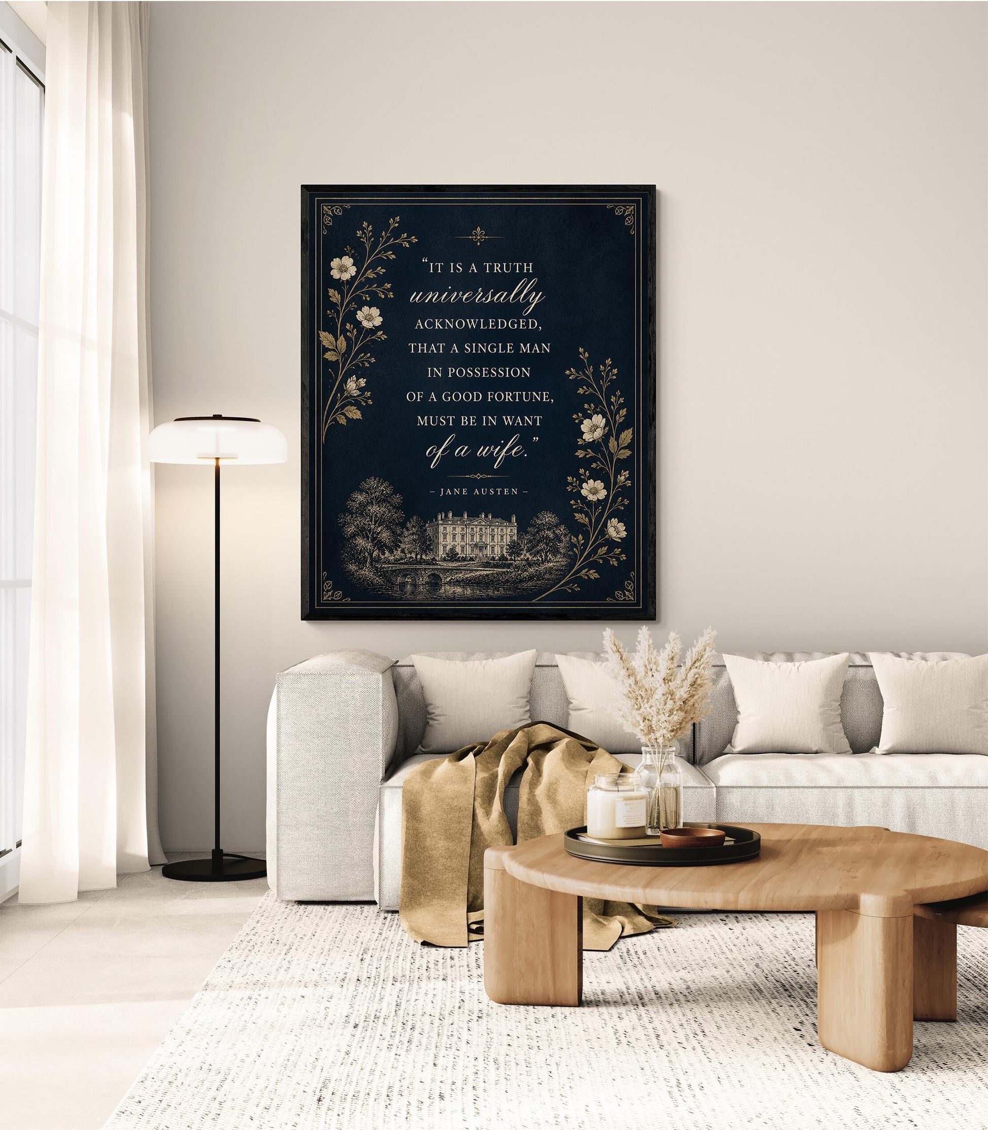Jane Austen Quote Wall Art Print, Pride and Prejudice Opening Line, Literary Decor, Navy Blue Gold Botanical, Classic Book Lover Floral Gift