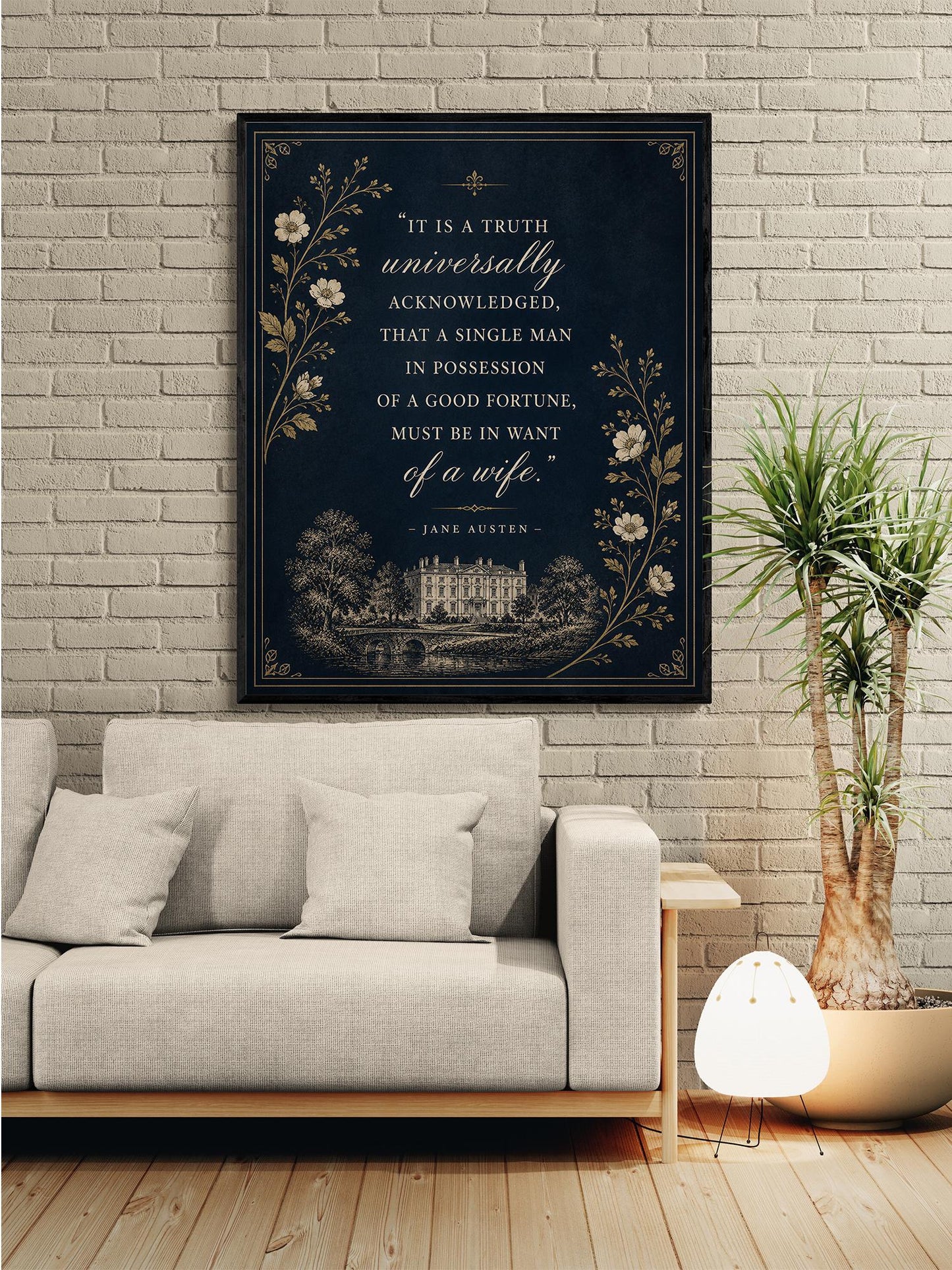 Jane Austen Quote Wall Art Print, Pride and Prejudice Opening Line, Literary Decor, Navy Blue Gold Botanical, Classic Book Lover Floral Gift