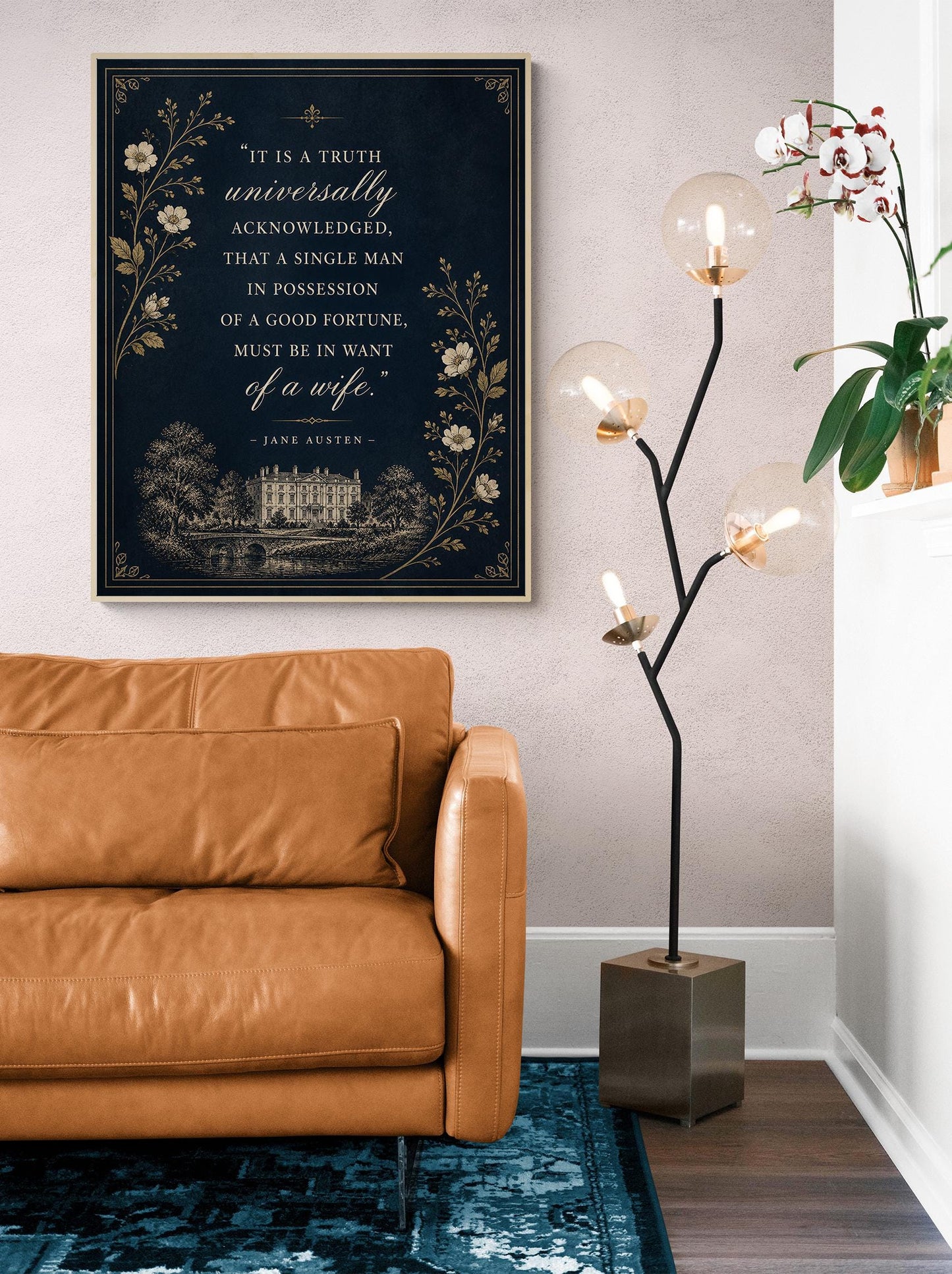 Jane Austen Quote Wall Art Print, Pride and Prejudice Opening Line, Literary Decor, Navy Blue Gold Botanical, Classic Book Lover Floral Gift