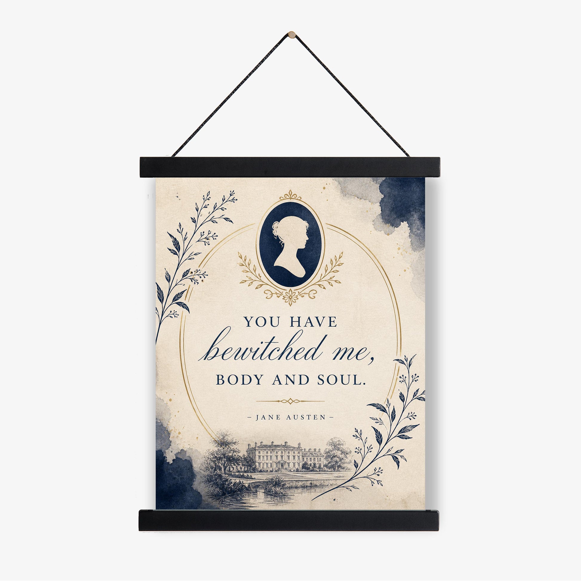 Pride and Prejudice Wall Art Print, Jane Austen Quote, You Have Bewitched Me Literary Decor, Blue Botanical, Classic Book Lover Floral Gift