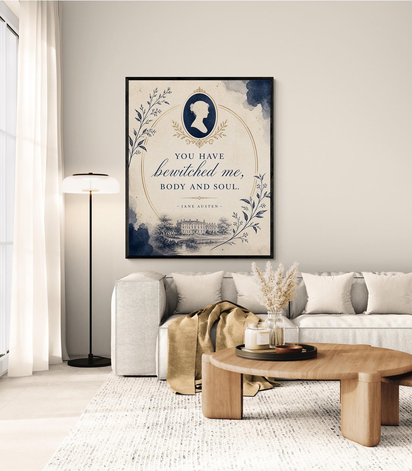 Pride and Prejudice Wall Art Print, Jane Austen Quote, You Have Bewitched Me Literary Decor, Blue Botanical, Classic Book Lover Floral Gift