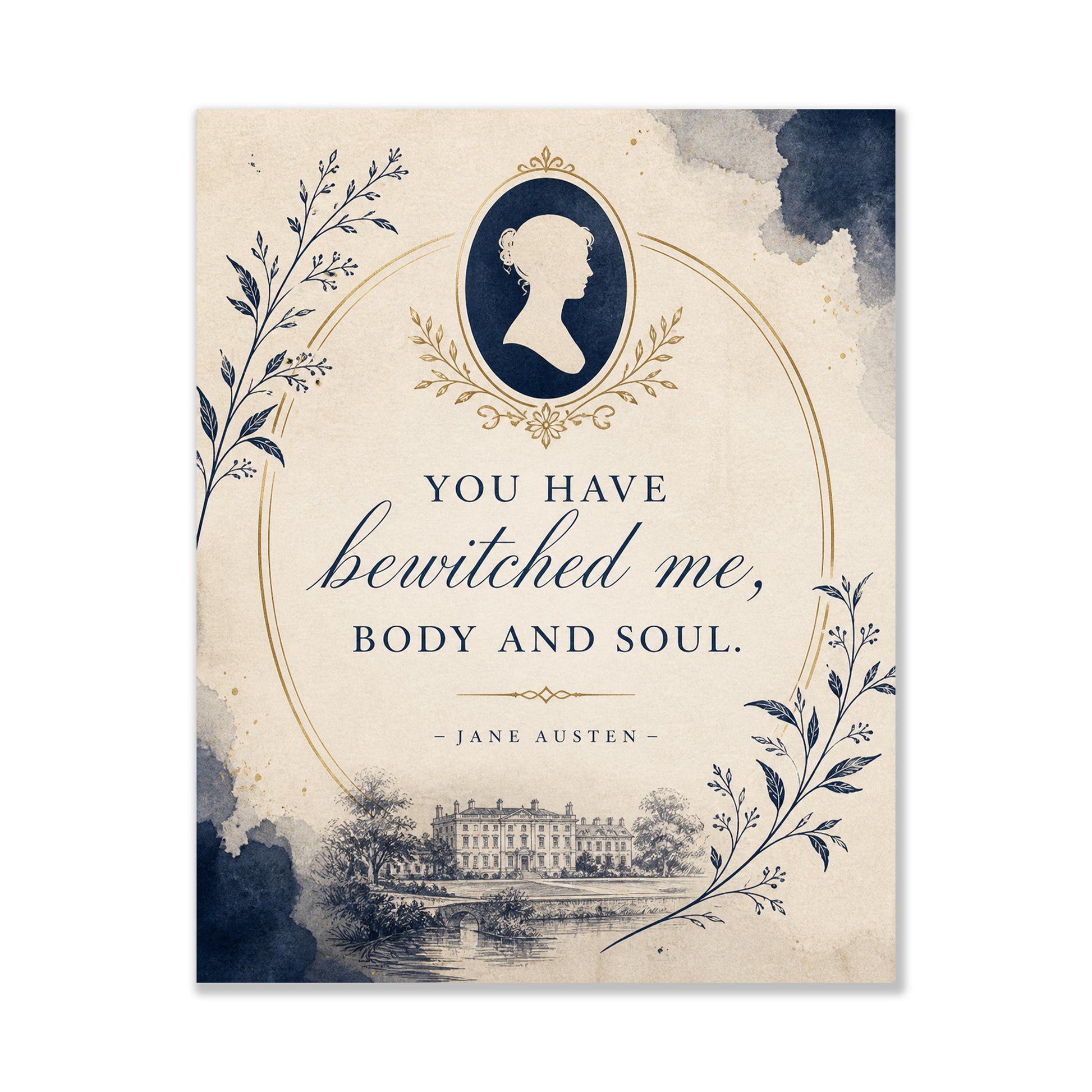 Pride and Prejudice Wall Art Print, Jane Austen Quote, You Have Bewitched Me Literary Decor, Blue Botanical, Classic Book Lover Floral Gift