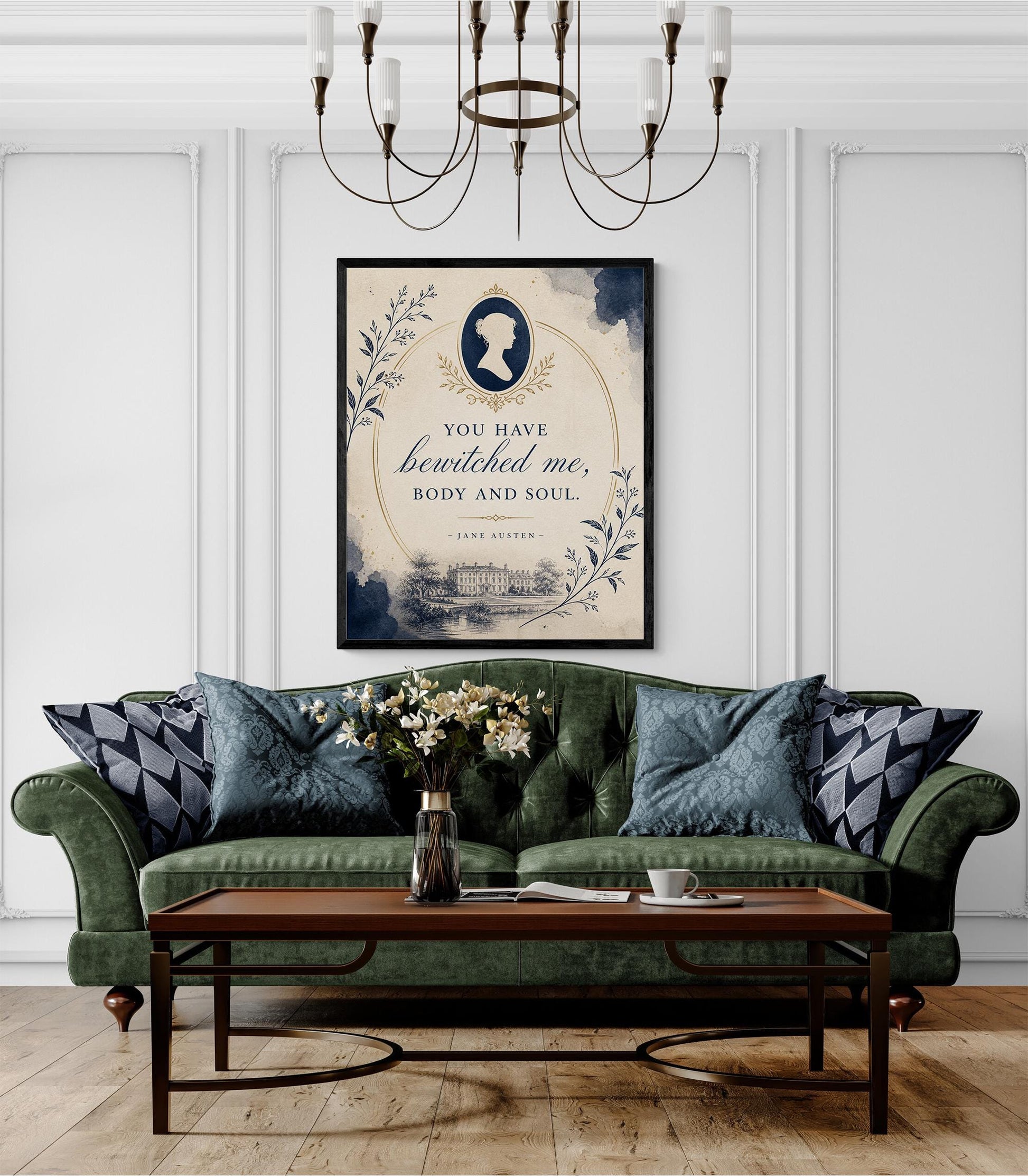 Pride and Prejudice Wall Art Print, Jane Austen Quote, You Have Bewitched Me Literary Decor, Blue Botanical, Classic Book Lover Floral Gift
