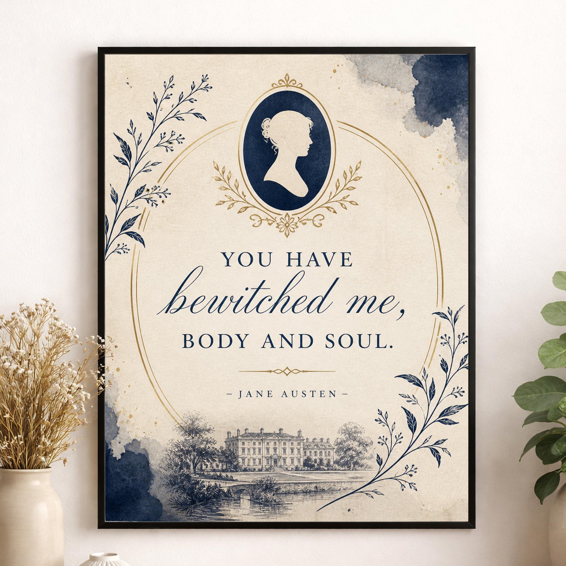 Pride and Prejudice Wall Art Print, Jane Austen Quote, You Have Bewitched Me Literary Decor, Blue Botanical, Classic Book Lover Floral Gift