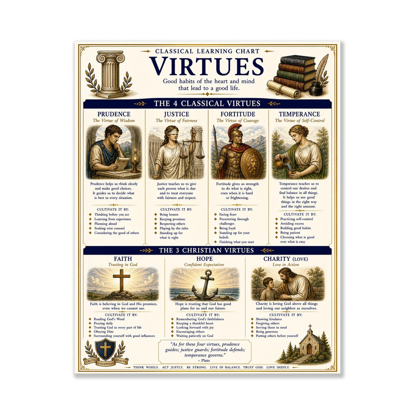 Virtues Chart Wall Art Print, Classical Learning Poster, Teacher Classroom Reference, Homeschool, Study Room Decor