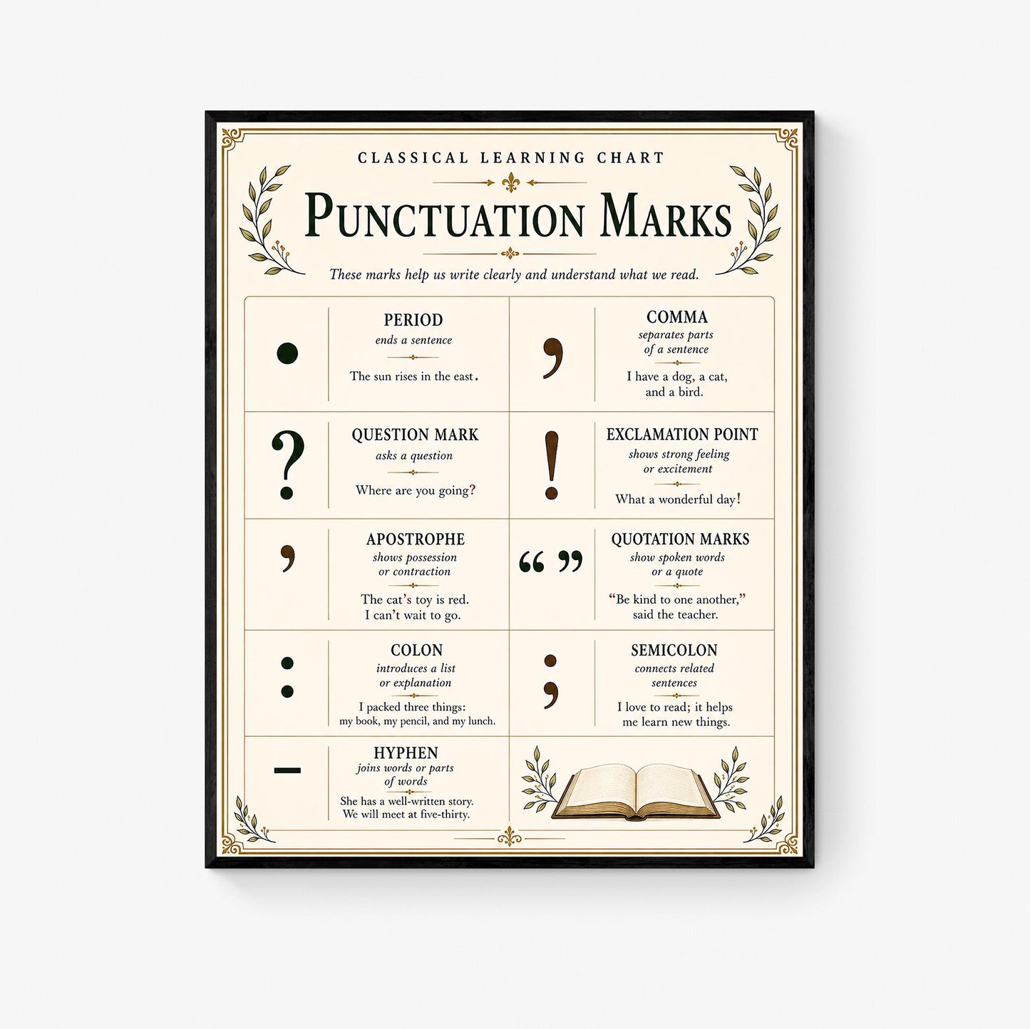 Punctuation Mark Chart Wall Art Print, Classical Learning Poster, Grammar Language Teacher Classroom Reference, Homeschool, Study Room Decor