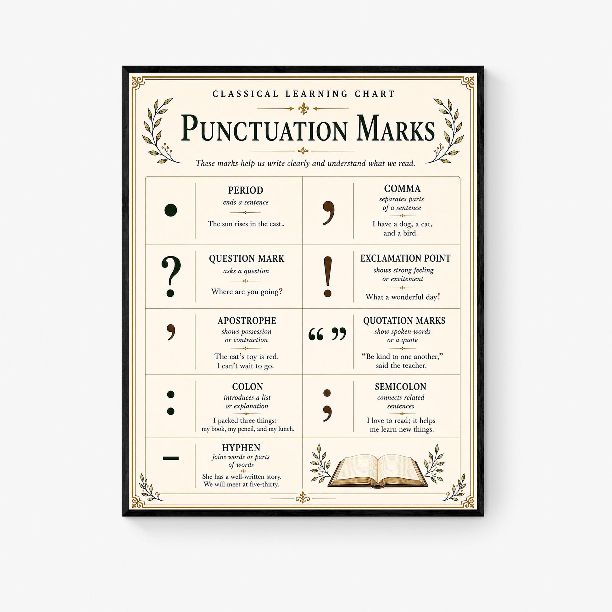 Punctuation Mark Chart Wall Art Print, Classical Learning Poster, Grammar Language Teacher Classroom Reference, Homeschool, Study Room Decor