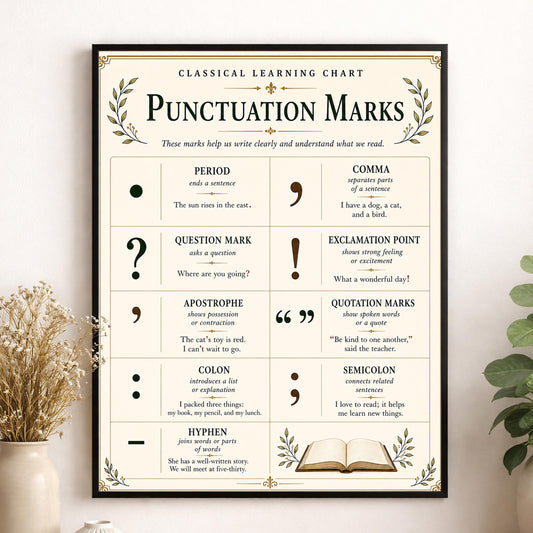 Punctuation Mark Chart Wall Art Print, Classical Learning Poster, Grammar Language Teacher Classroom Reference, Homeschool, Study Room Decor