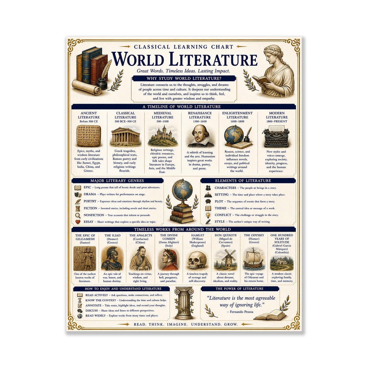 World Literature Timeline Chart Wall Art Print, Classical Learning Poster, Language Teacher Classroom Reference, Homeschool, Room Decor