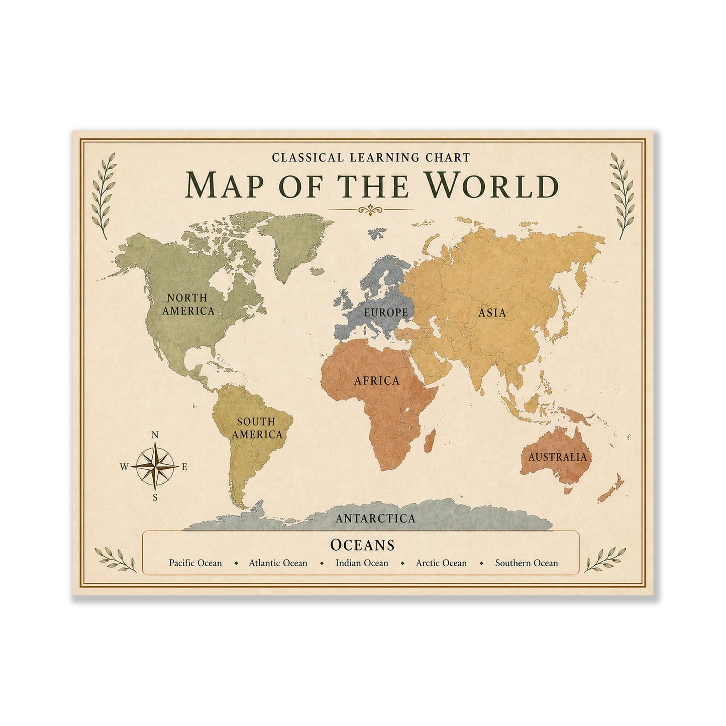 World Map Chart Wall Art Print, Classical Learning Poster, Science Geography Teacher Classroom Reference, Homeschool, Study Room Decor