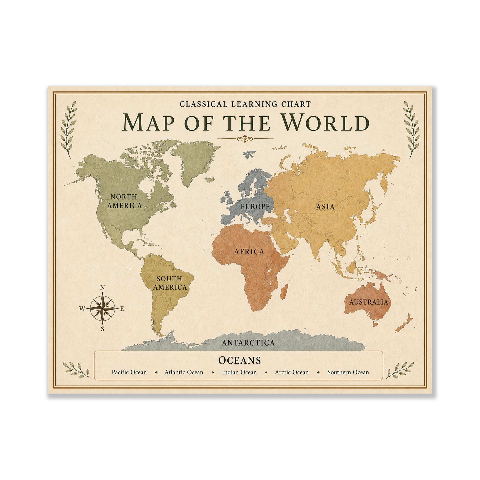 World Map Chart Wall Art Print, Classical Learning Poster, Science Geography Teacher Classroom Reference, Homeschool, Study Room Decor