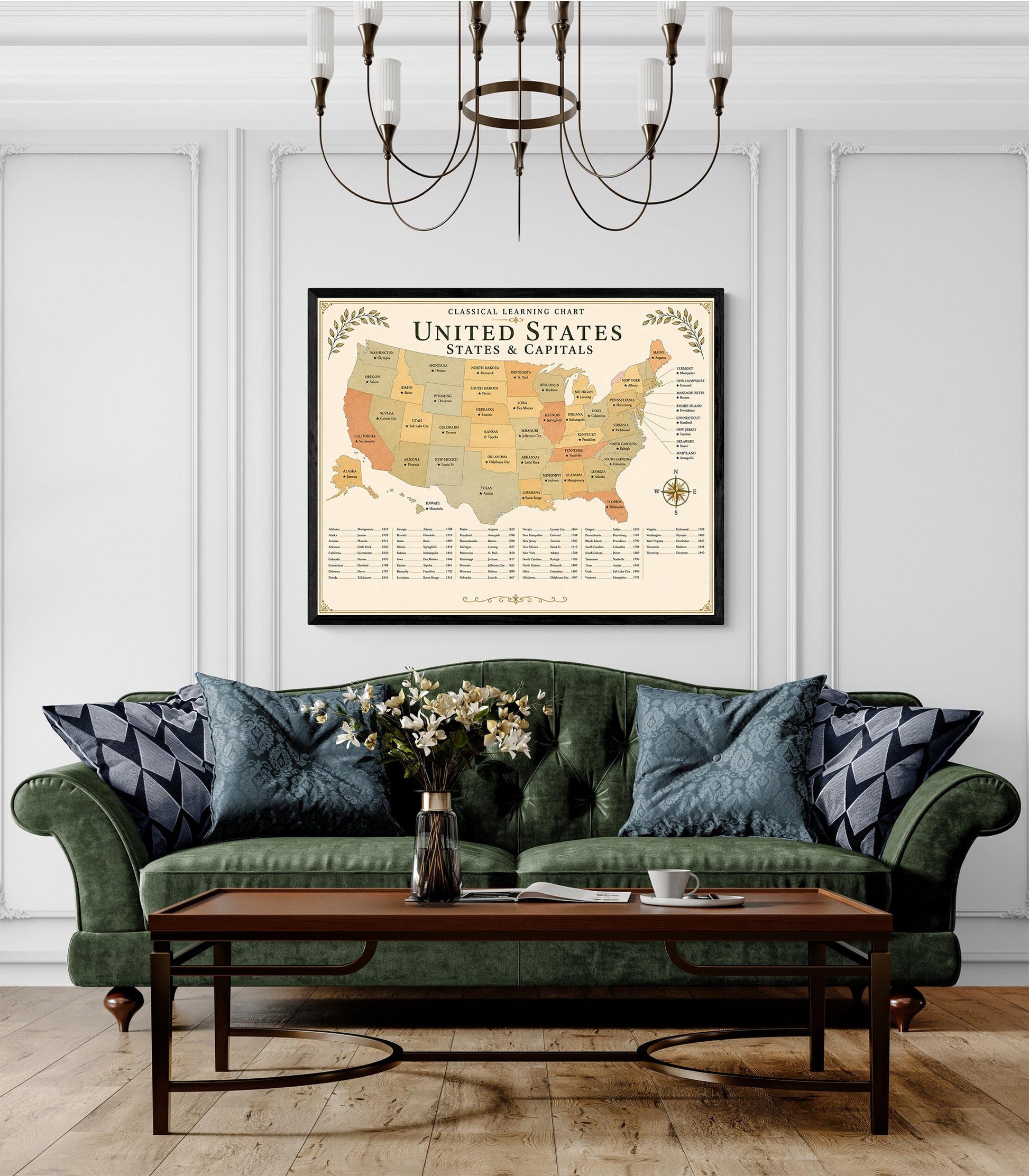 United States Capitals Map Chart Wall Art Print, Classical Learning Poster, Geography Teacher Classroom Reference, Homeschool, Room Decor