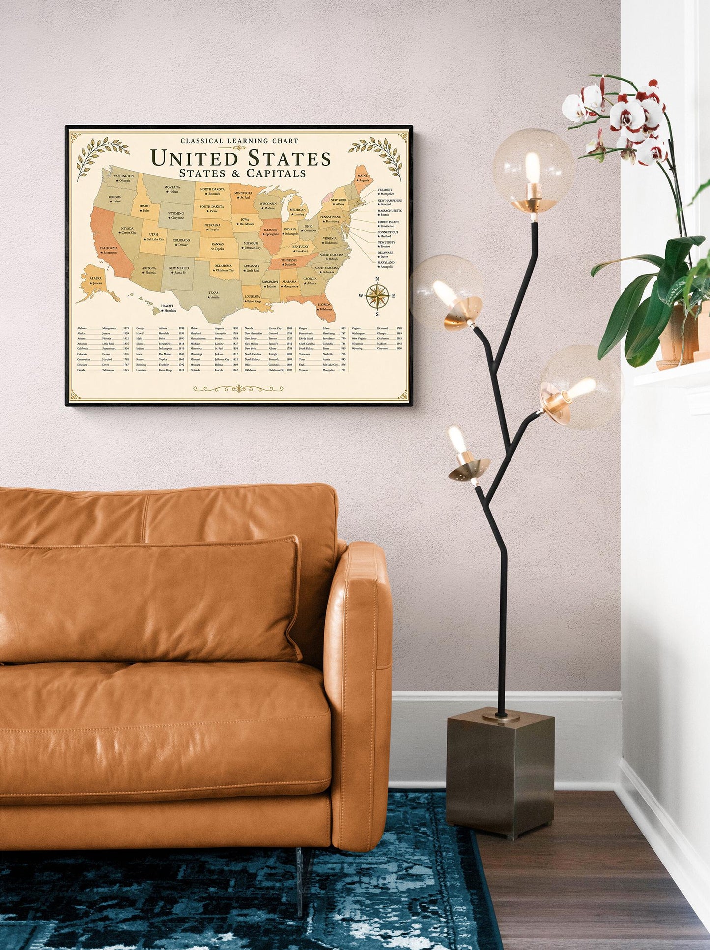 United States Capitals Map Chart Wall Art Print, Classical Learning Poster, Geography Teacher Classroom Reference, Homeschool, Room Decor