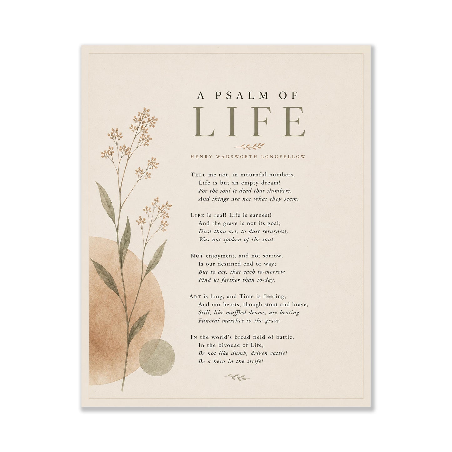 A Psalm Of Life Wall Art Print | Henry Wadsworth Longfellow Quote | Botanical Home Decor | Neutral Classic Literary Poem | Poetry Poster