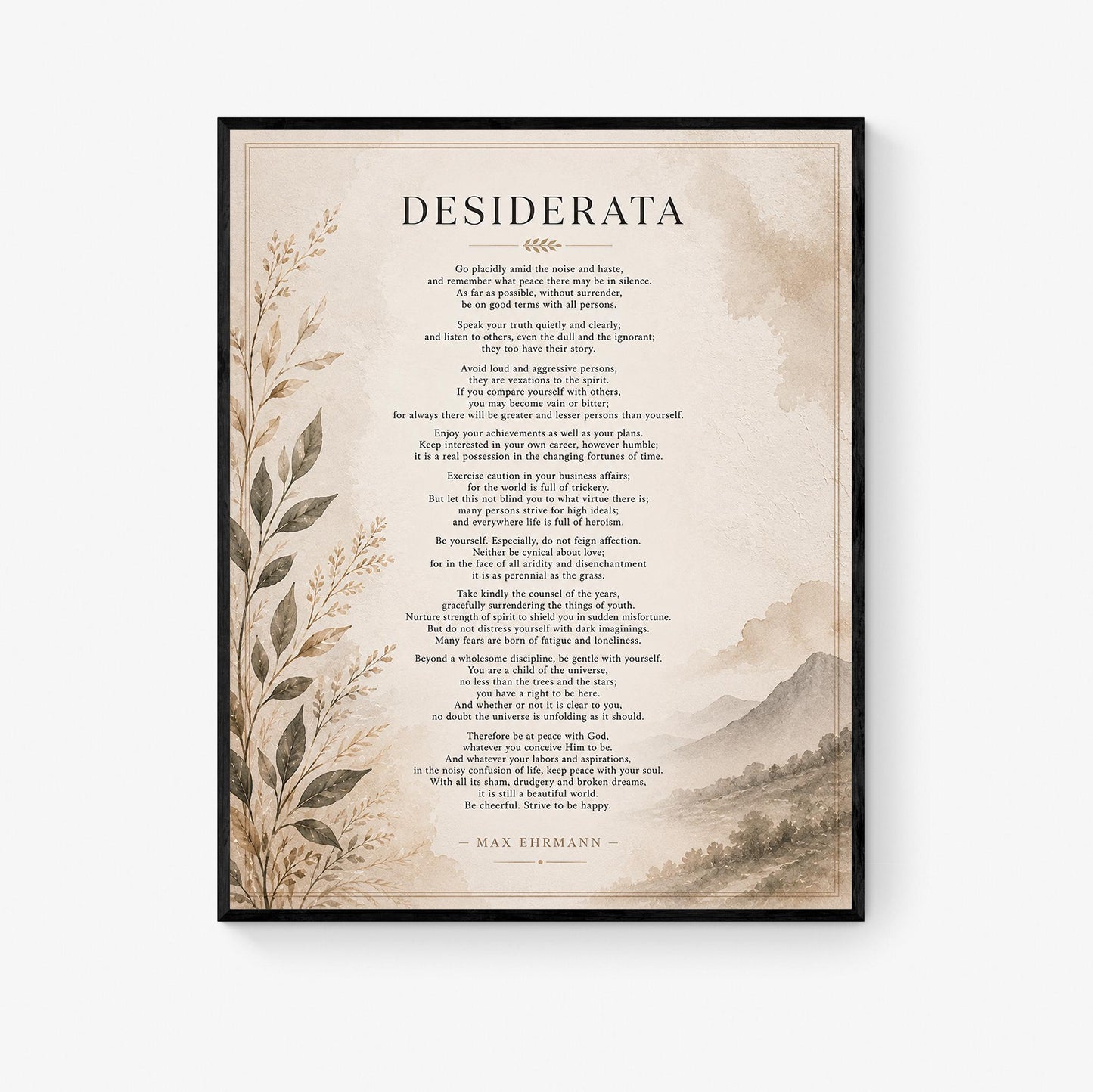 Desiderata Wall Art Print | Go Placidly Amid The Noise | Max Ehrmann Poem | Neutral Literary Book | Inspirational Botanical Home Decor
