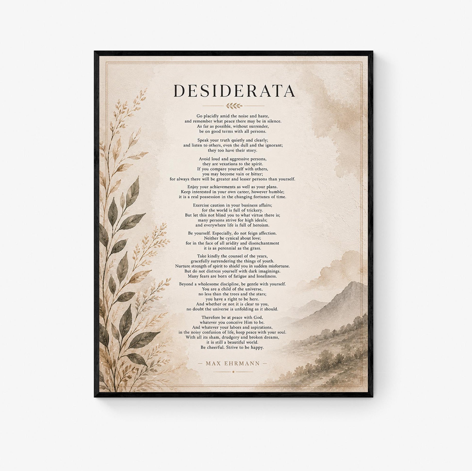 Desiderata Wall Art Print | Go Placidly Amid The Noise | Max Ehrmann Poem | Neutral Literary Book | Inspirational Botanical Home Decor