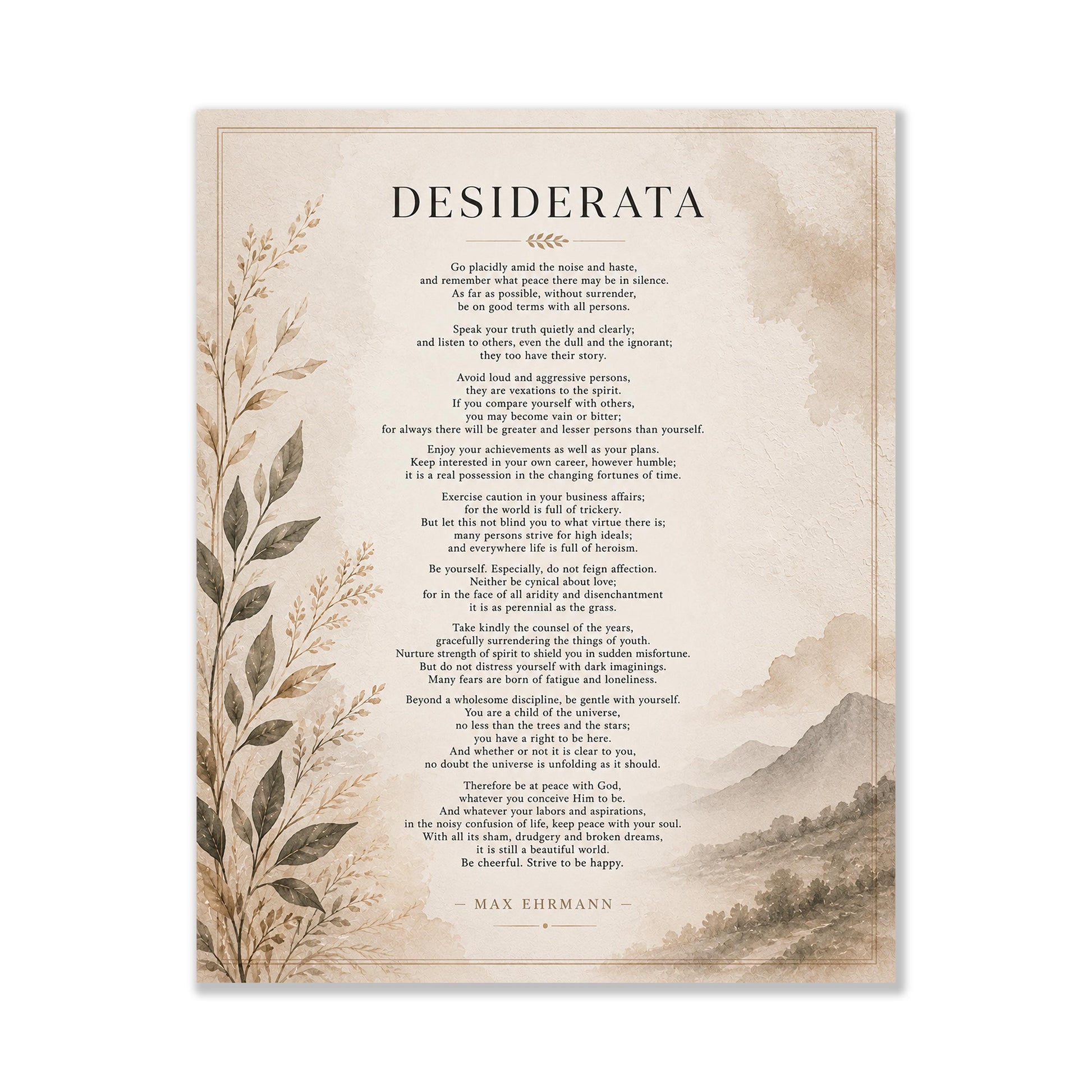 Desiderata Wall Art Print | Go Placidly Amid The Noise | Max Ehrmann Poem | Neutral Literary Book | Inspirational Botanical Home Decor