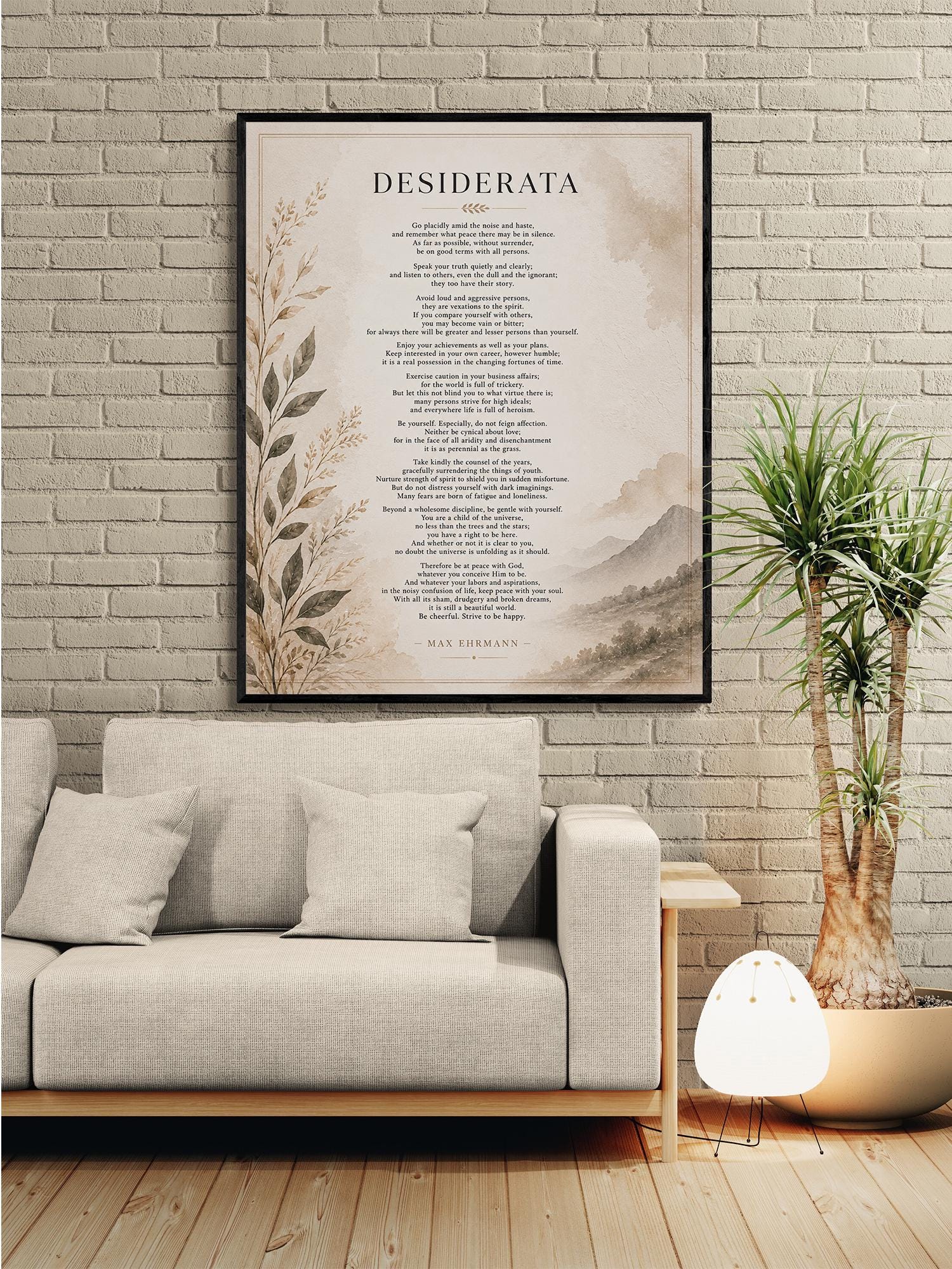 Desiderata Wall Art Print | Go Placidly Amid The Noise | Max Ehrmann Poem | Neutral Literary Book | Inspirational Botanical Home Decor
