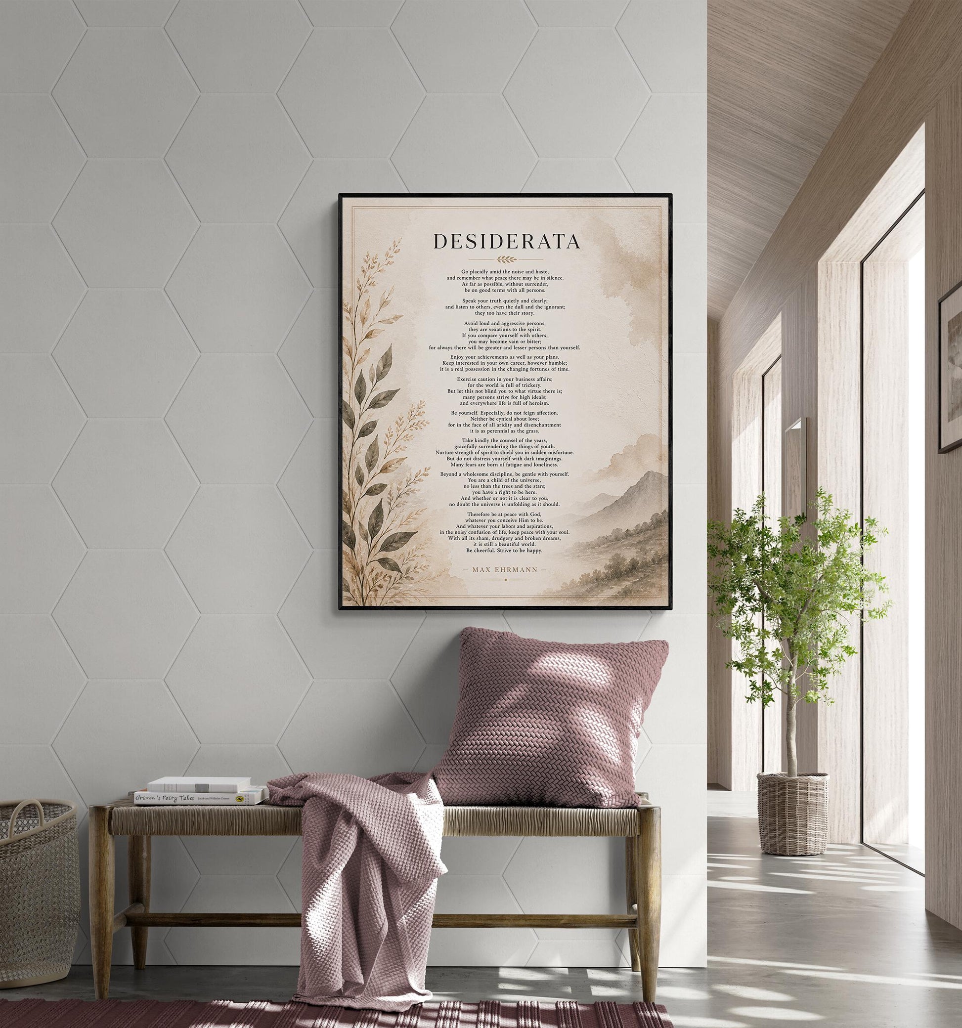 Desiderata Wall Art Print | Go Placidly Amid The Noise | Max Ehrmann Poem | Neutral Literary Book | Inspirational Botanical Home Decor