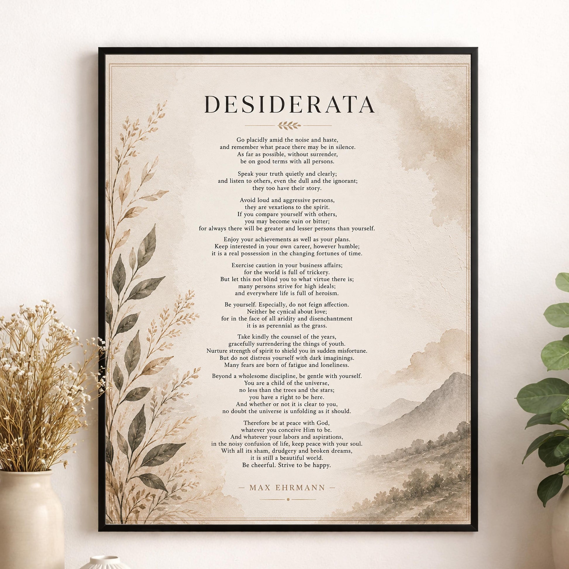 Desiderata Wall Art Print | Go Placidly Amid The Noise | Max Ehrmann Poem | Neutral Literary Book | Inspirational Botanical Home Decor