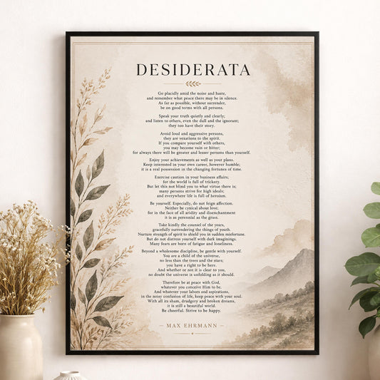 Desiderata Wall Art Print | Go Placidly Amid The Noise | Max Ehrmann Poem | Neutral Literary Book | Inspirational Botanical Home Decor