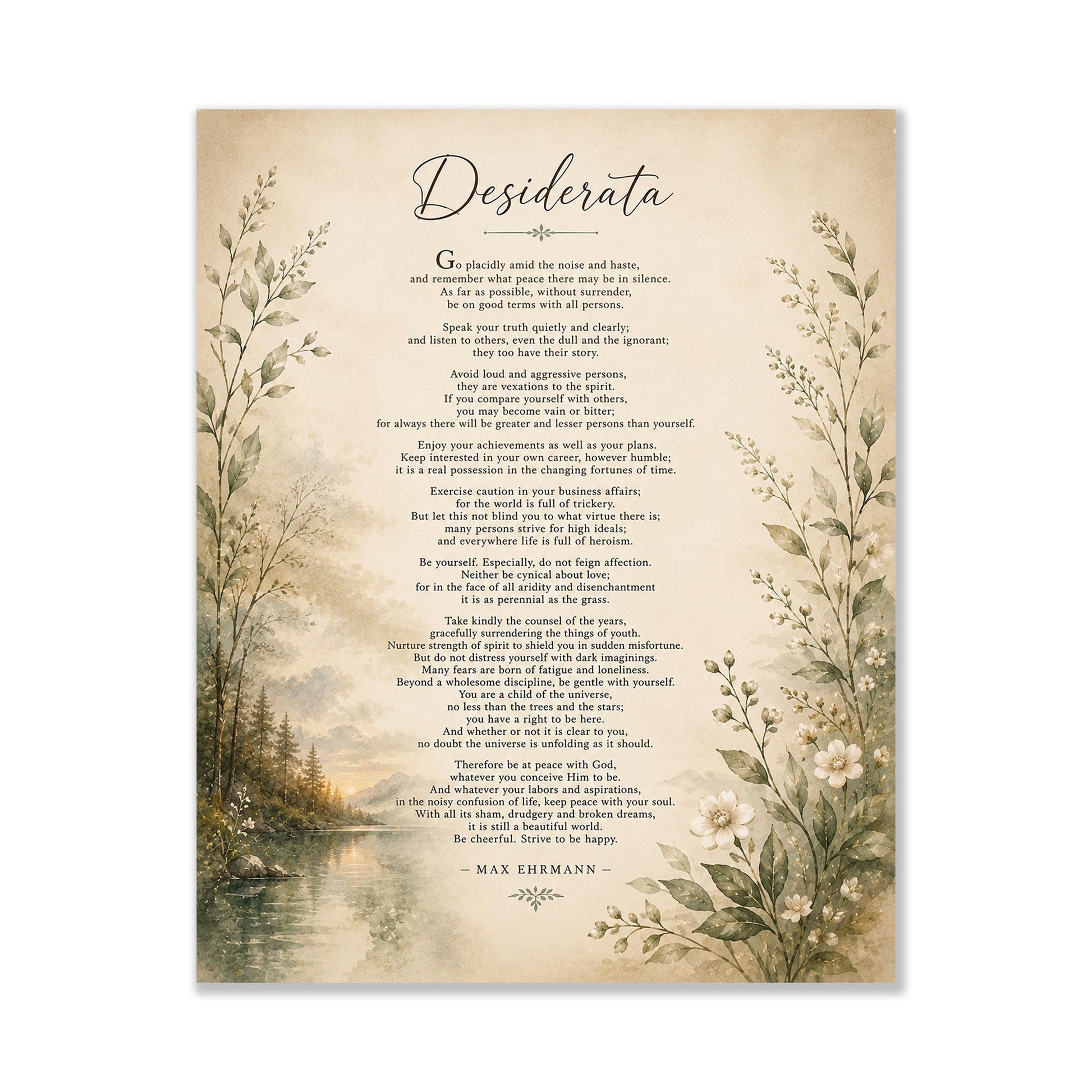 Desiderata Wall Art Print | Go Placidly Amid The Noise | Max Ehrmann Poem | Landscape | Literary Book | Inspirational Botanical Home Decor
