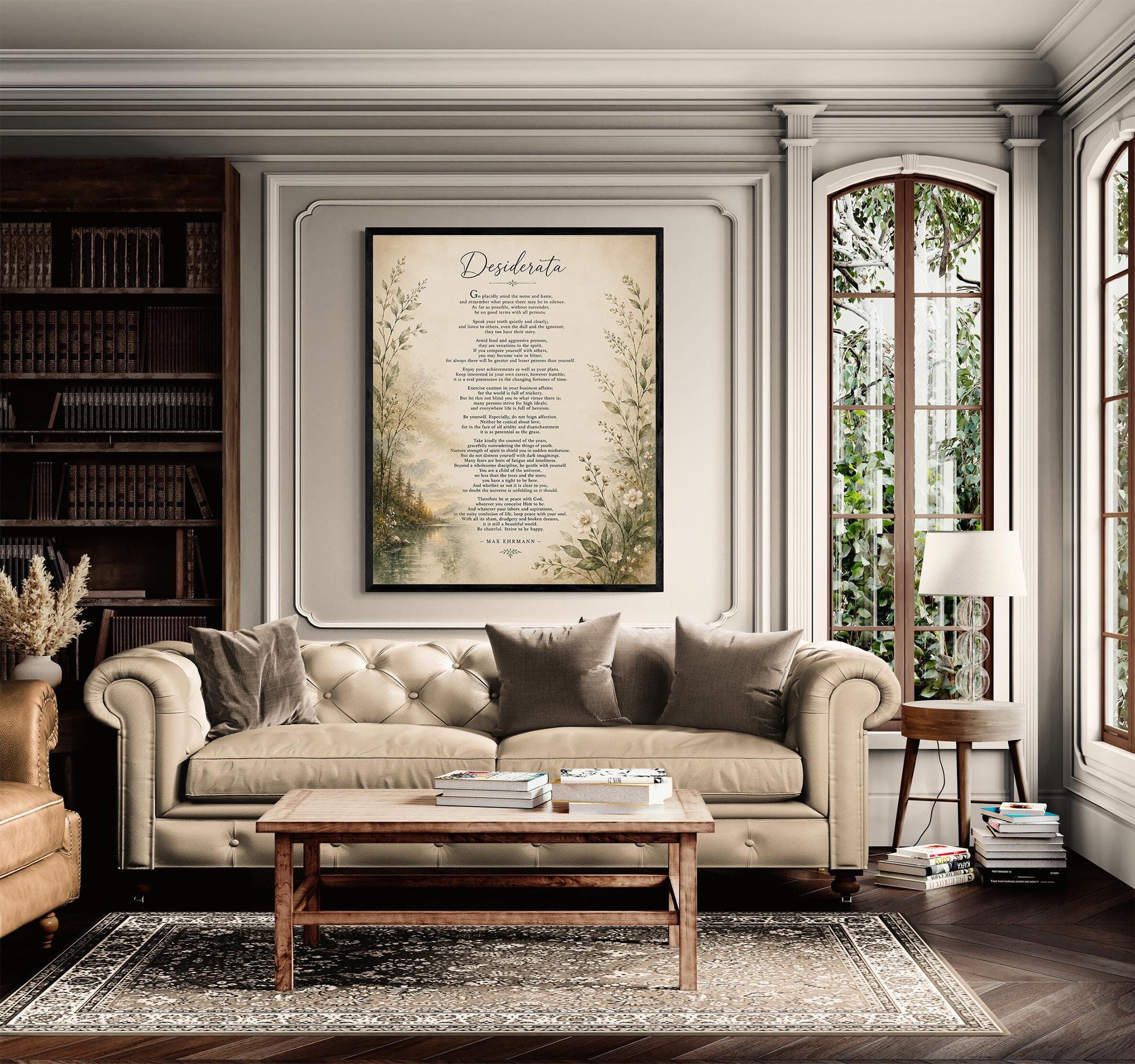Desiderata Wall Art Print | Go Placidly Amid The Noise | Max Ehrmann Poem | Landscape | Literary Book | Inspirational Botanical Home Decor