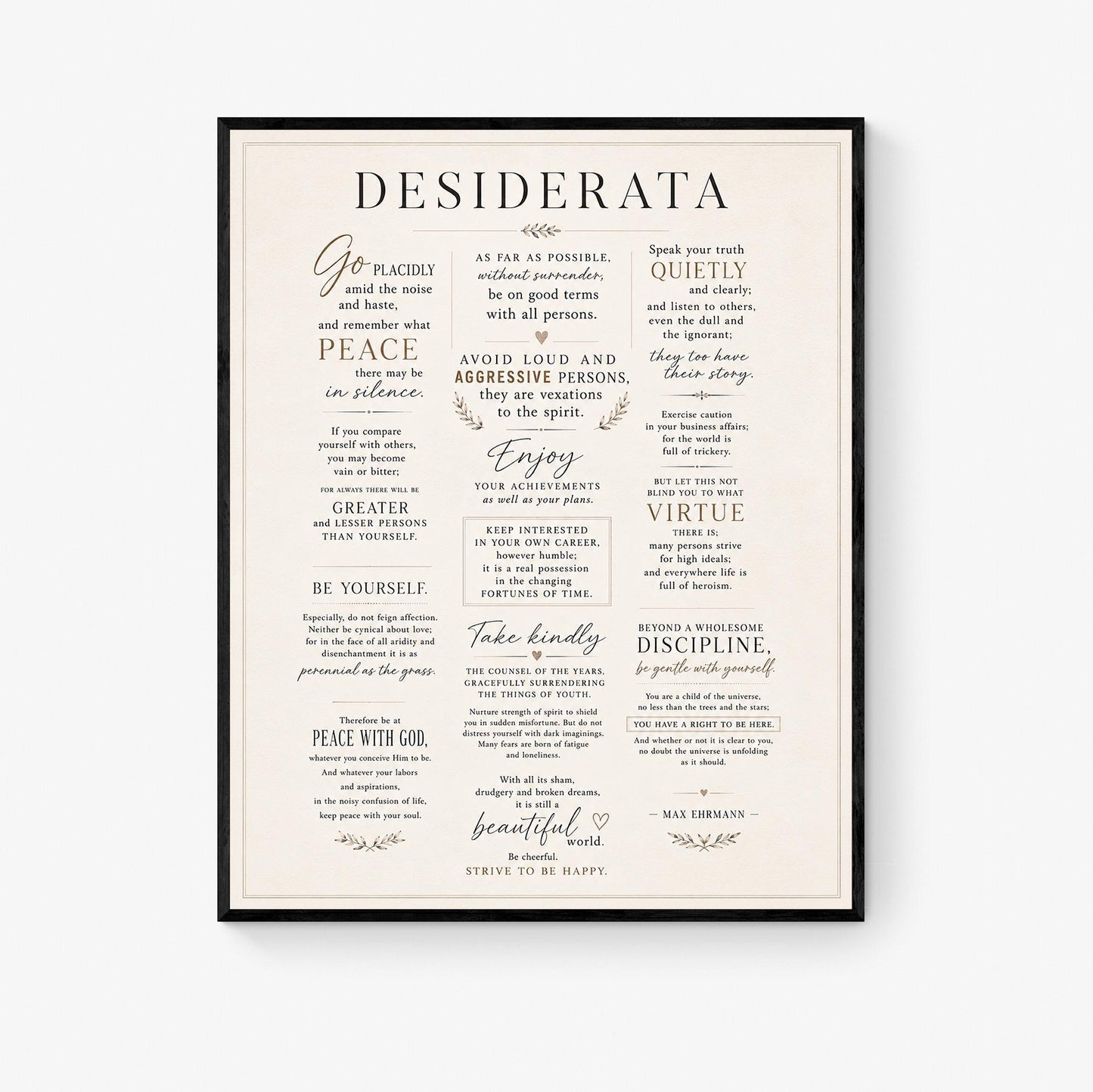 Desiderata Wall Art Print | Go Placidly Amid The Noise | Max Ehrmann Poem | Typography | Literary Book | Inspirational Botanical Home Decor