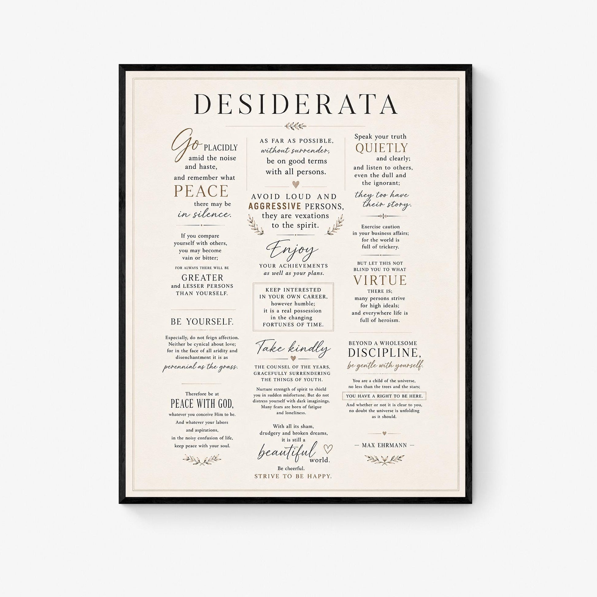 Desiderata Wall Art Print | Go Placidly Amid The Noise | Max Ehrmann Poem | Typography | Literary Book | Inspirational Botanical Home Decor