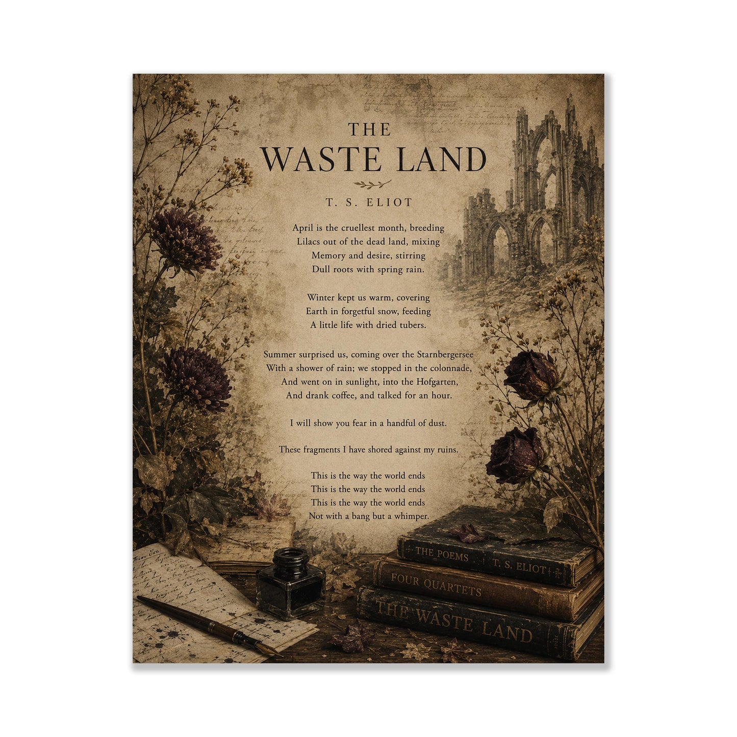 Waste Land Wall Art Print | TS Eliot Poetry Quote | This Is the Way The World Ends | Living Room | Vintage Home Decor | Literary Poster