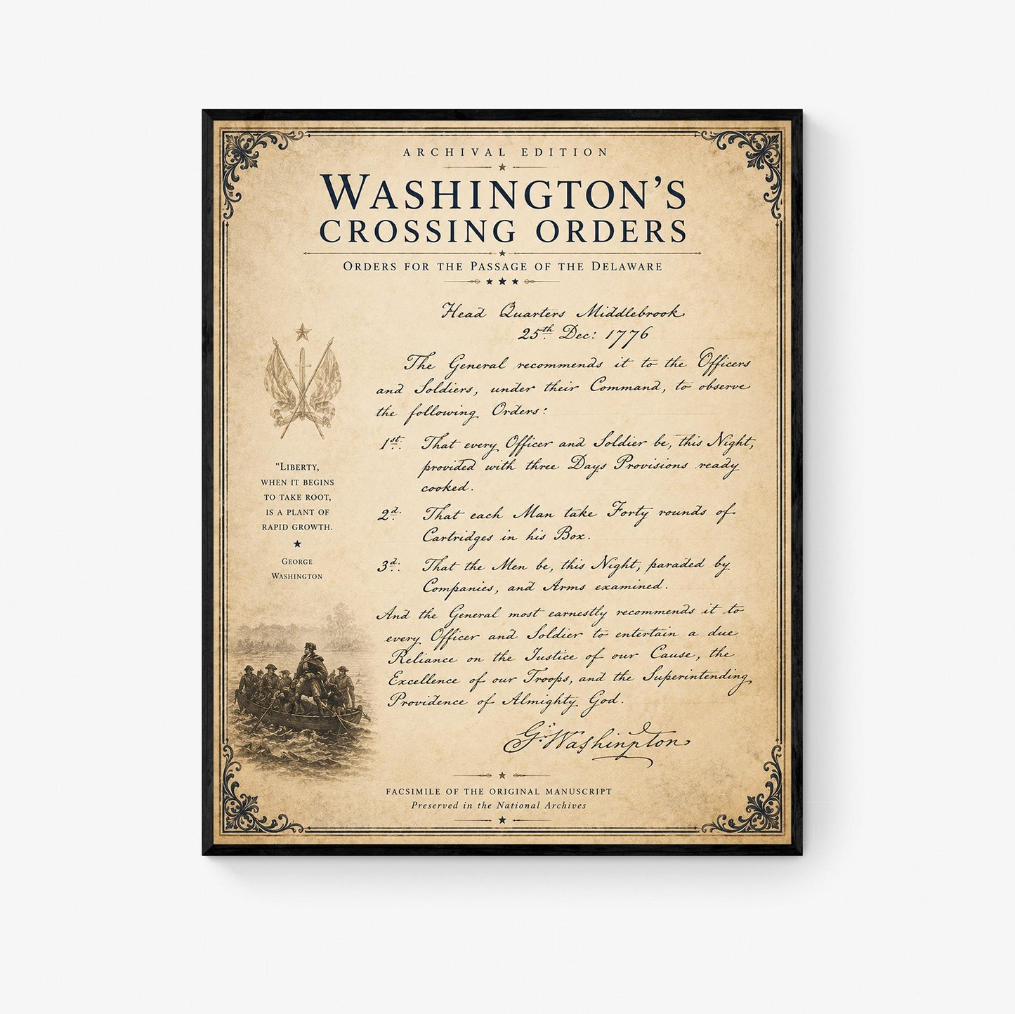 Washington's Crossing Orders Wall Art Print | Delaware River | American Revolution | Manuscript | Historical Patriotic Home Decor