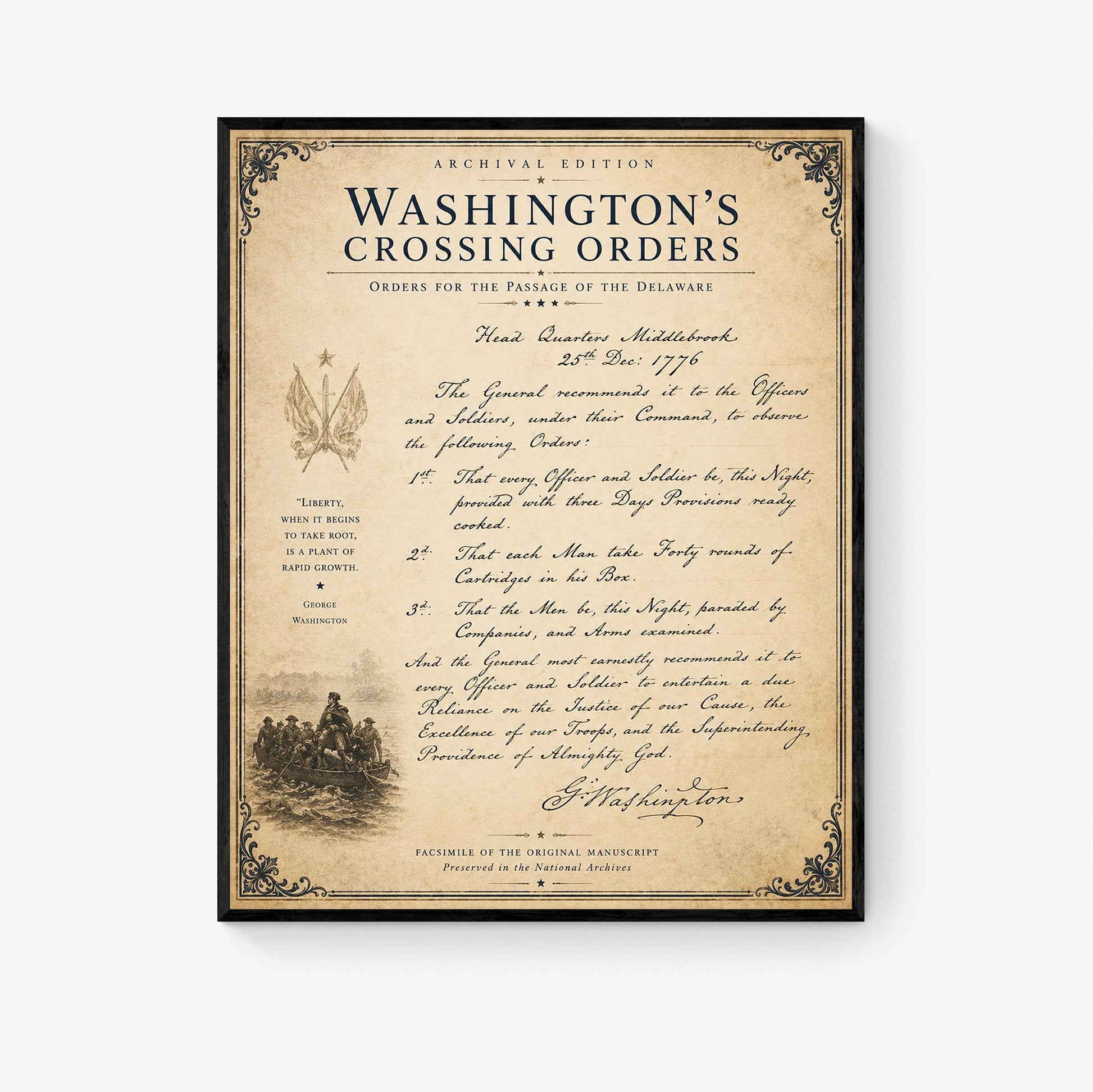 Washington's Crossing Orders Wall Art Print | Delaware River | American Revolution | Manuscript | Historical Patriotic Home Decor