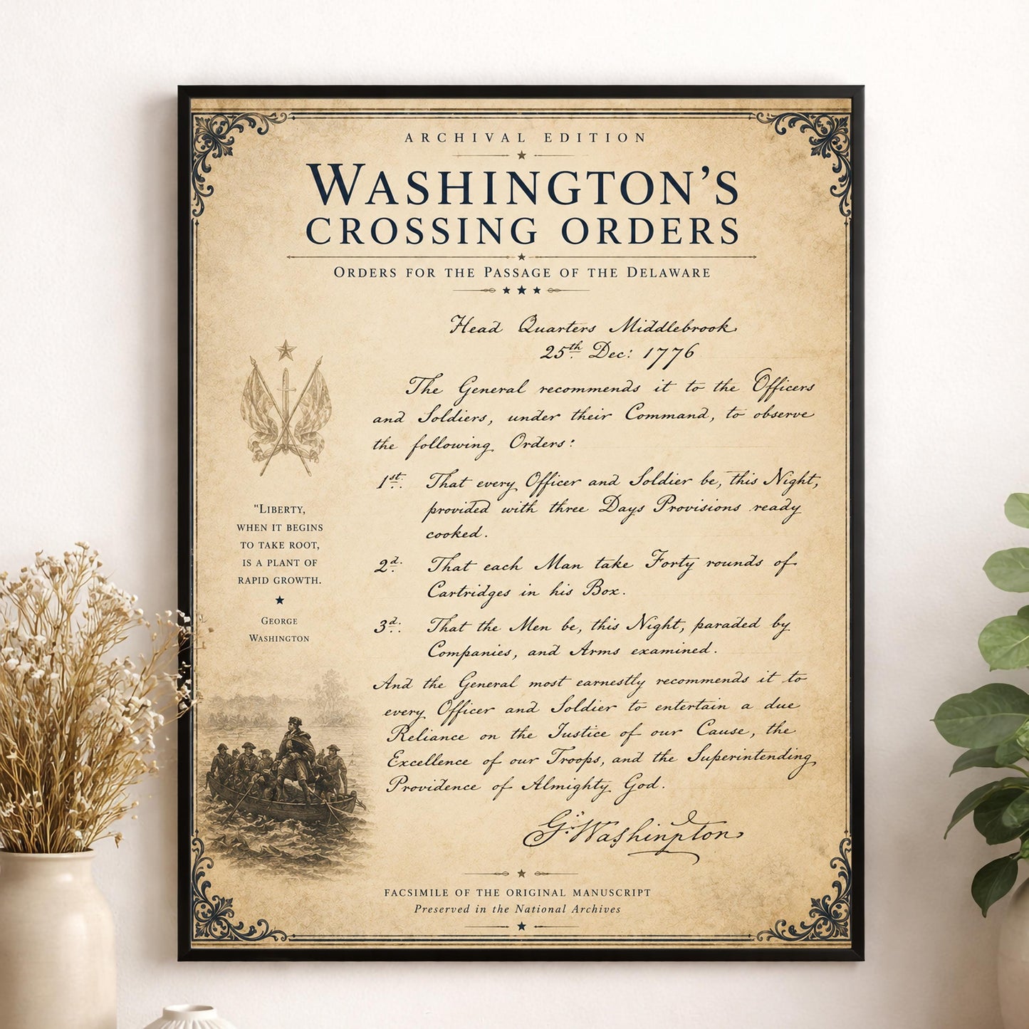 Washington's Crossing Orders Wall Art Print | Delaware River | American Revolution | Manuscript | Historical Patriotic Home Decor
