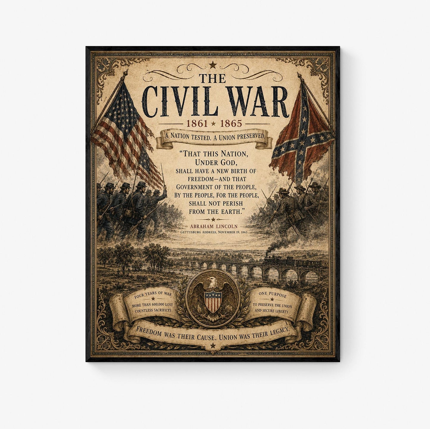 Civil War Wall Art Print | Abraham Lincoln Gettysburg Address | Vintage United States | Historical Patriotic Home Decor