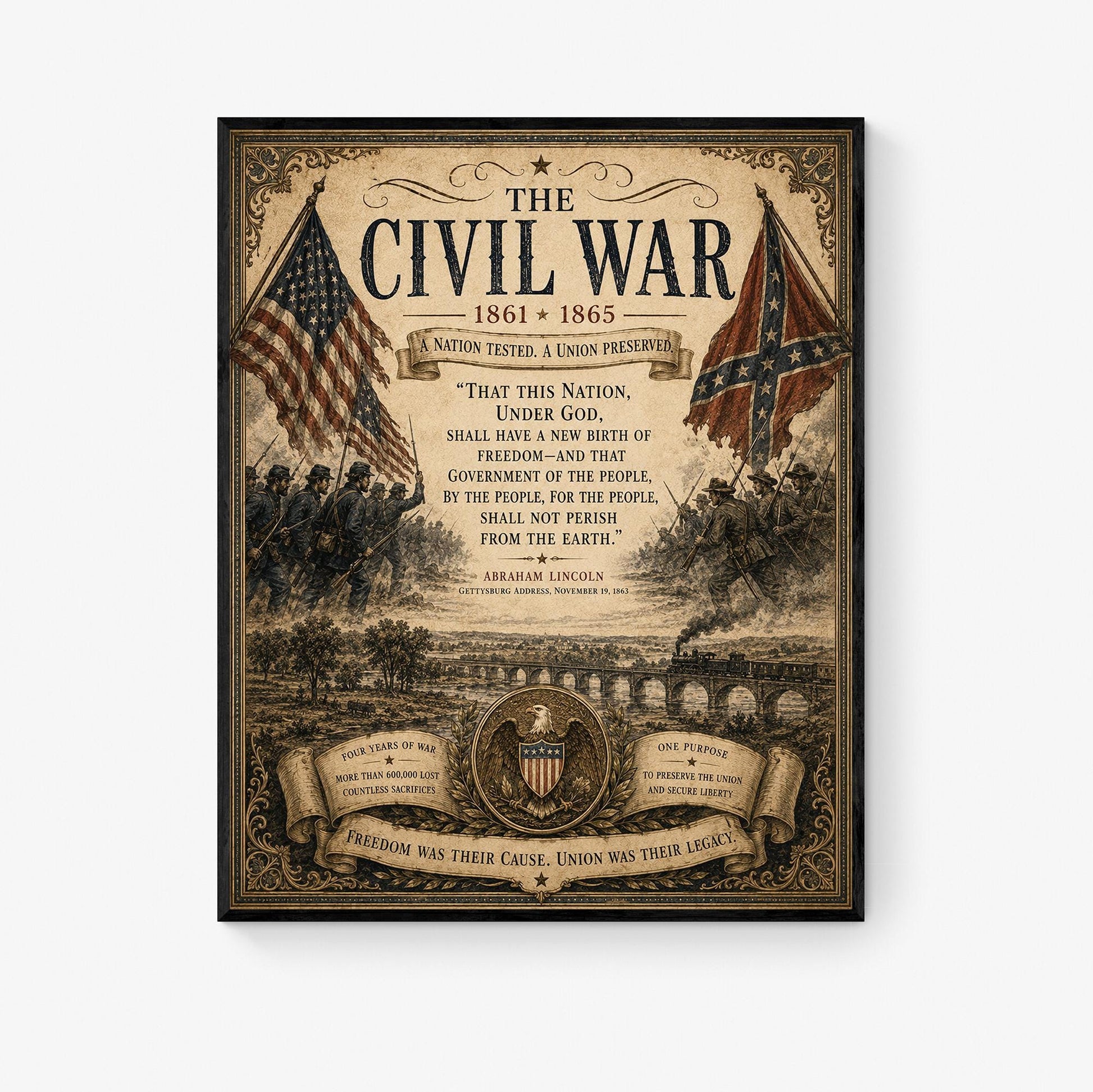Civil War Wall Art Print | Abraham Lincoln Gettysburg Address | Vintage United States | Historical Patriotic Home Decor