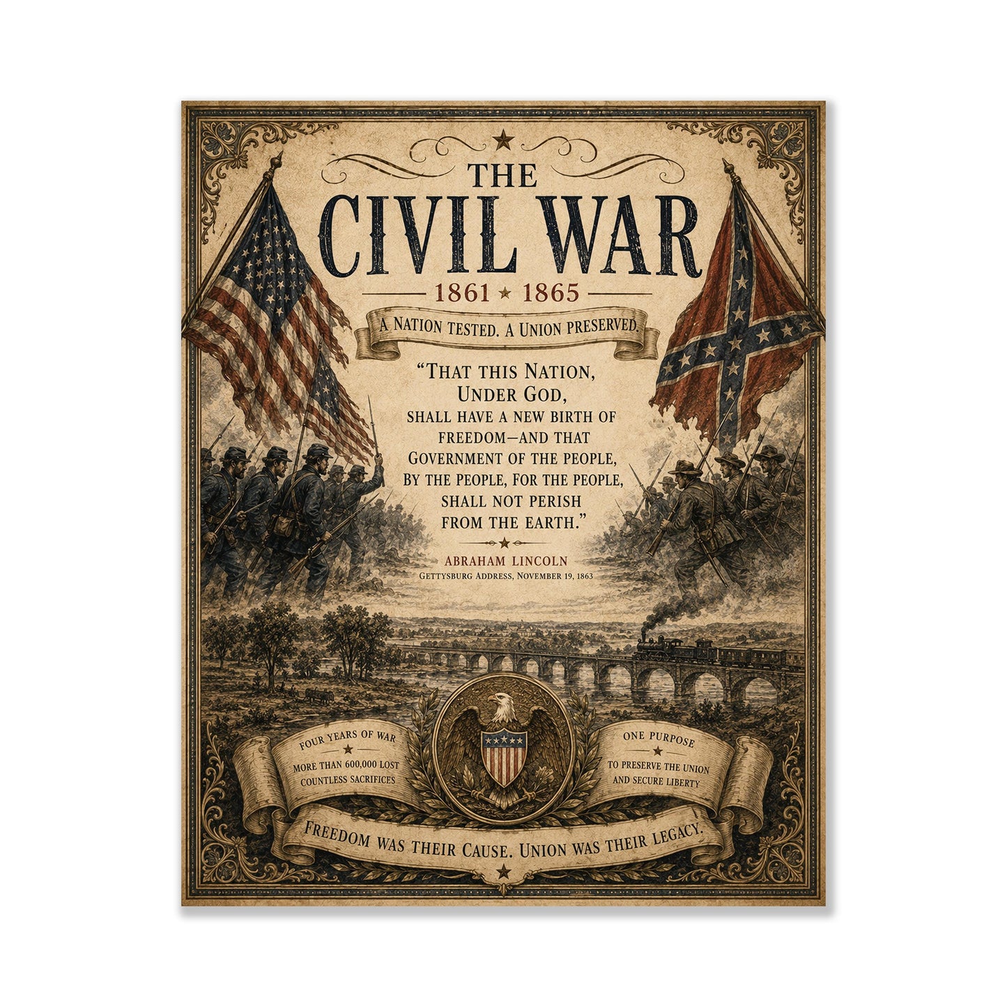 Civil War Wall Art Print | Abraham Lincoln Gettysburg Address | Vintage United States | Historical Patriotic Home Decor