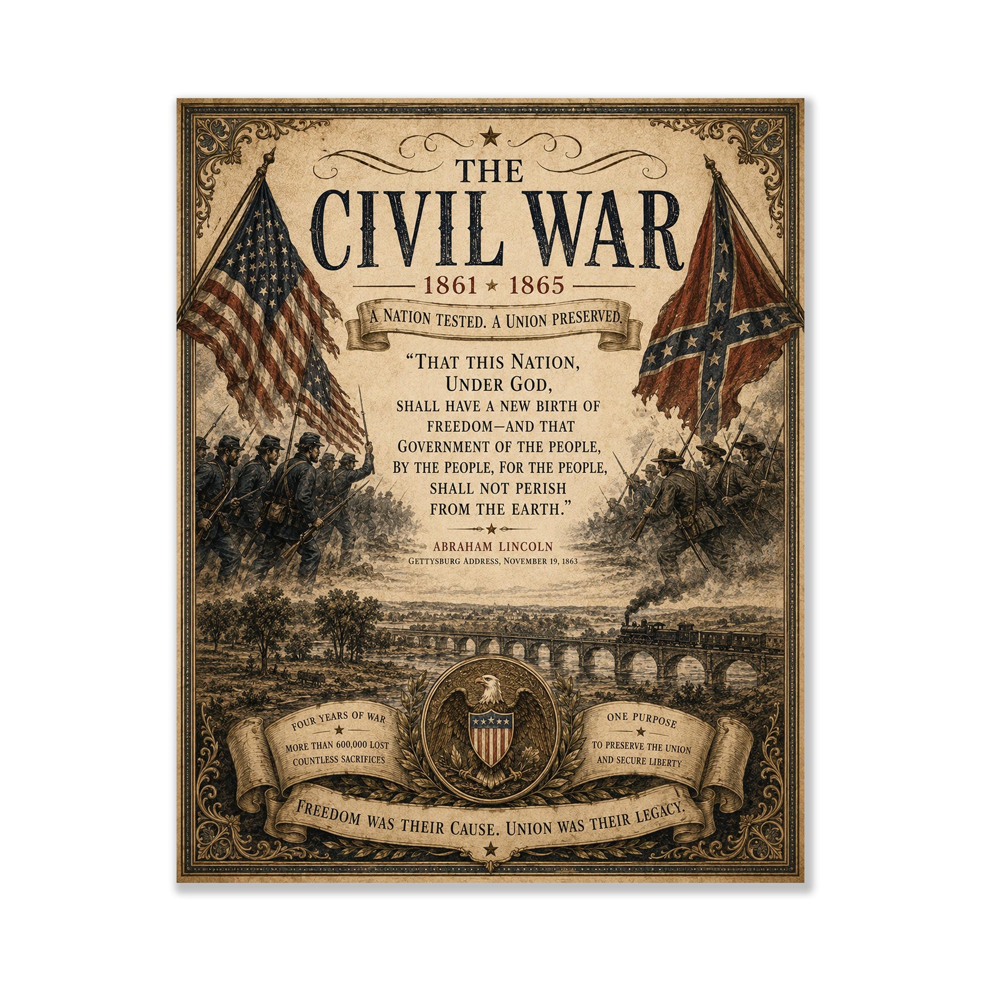 Civil War Wall Art Print | Abraham Lincoln Gettysburg Address | Vintage United States | Historical Patriotic Home Decor