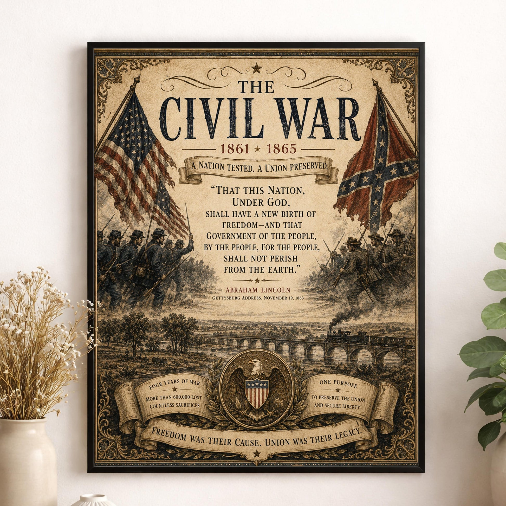 Civil War Wall Art Print | Abraham Lincoln Gettysburg Address | Vintage United States | Historical Patriotic Home Decor