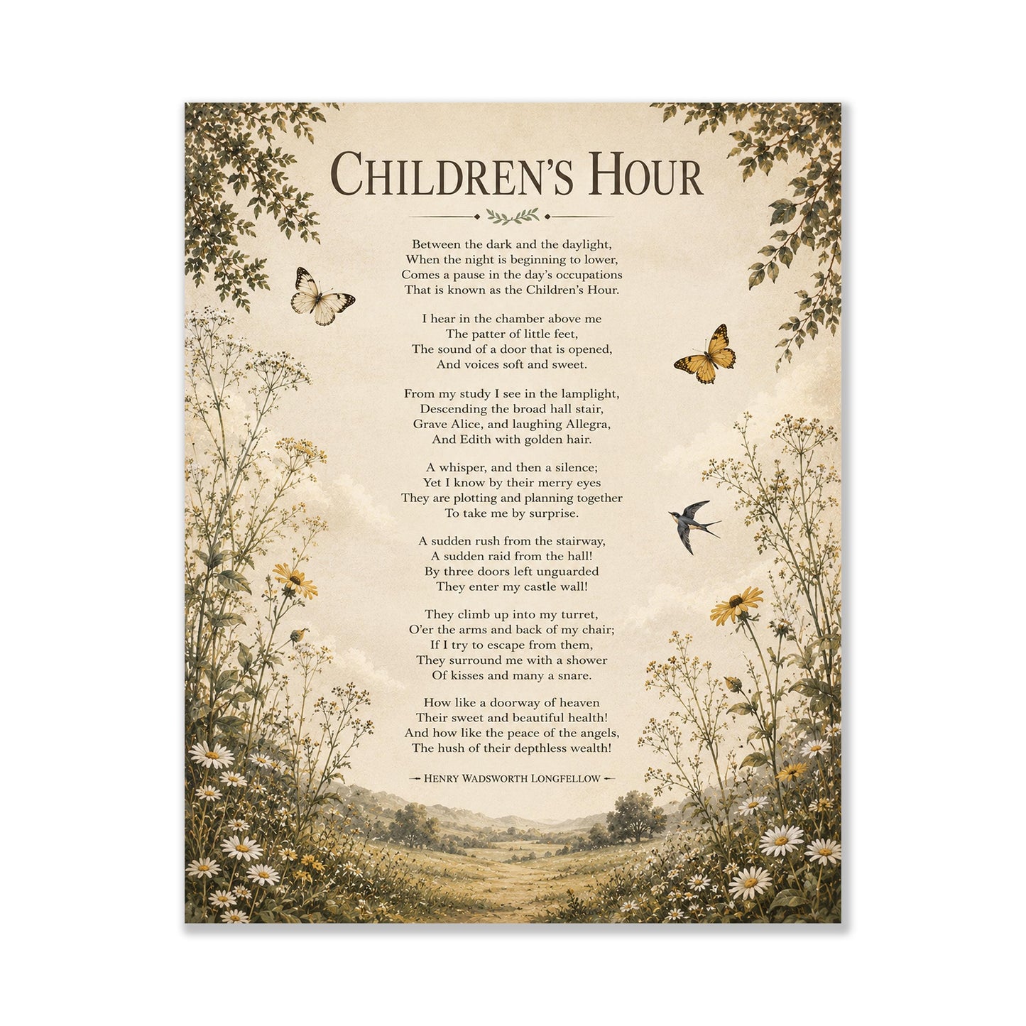 Children's Hour Poem Quote Wall Art Print | Longfellow | Poetry | Landscape | Children's Room | Nursery | Vintage Home Decor | Literary Gift