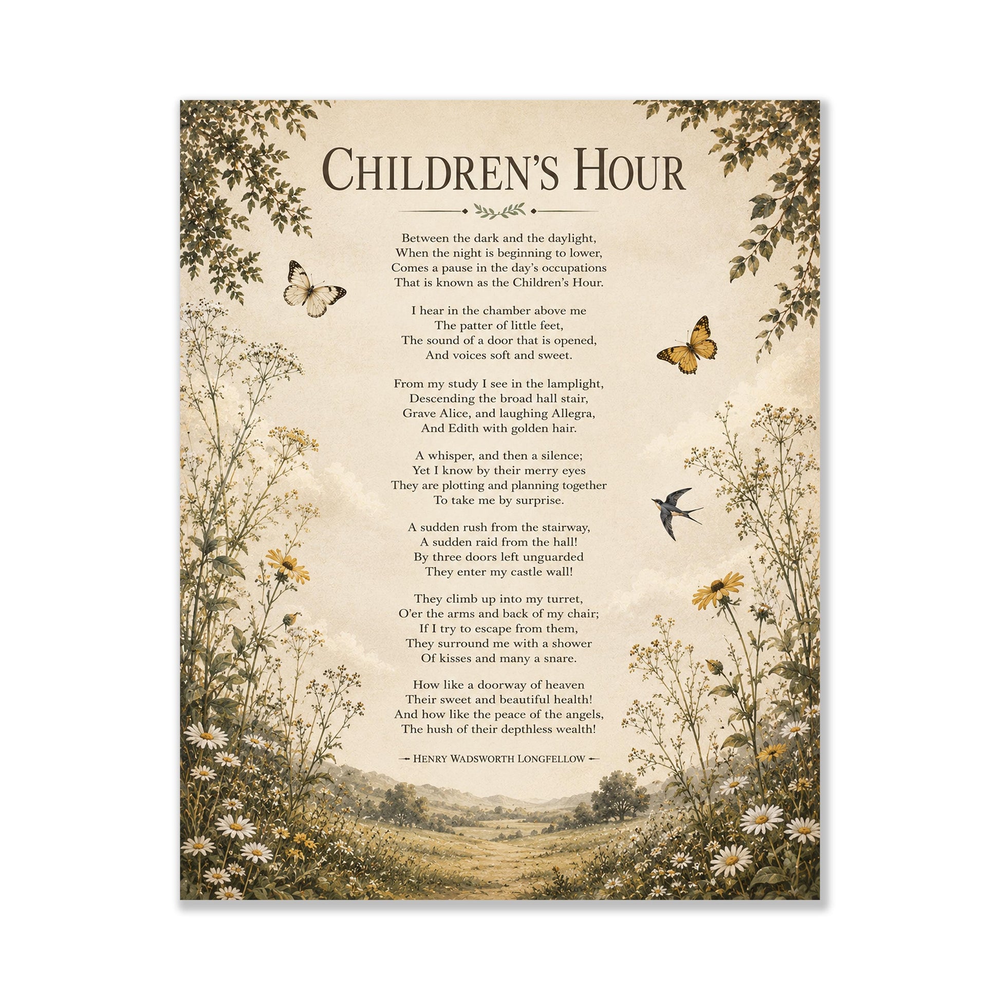Children's Hour Poem Quote Wall Art Print | Longfellow | Poetry | Landscape | Children's Room | Nursery | Vintage Home Decor | Literary Gift