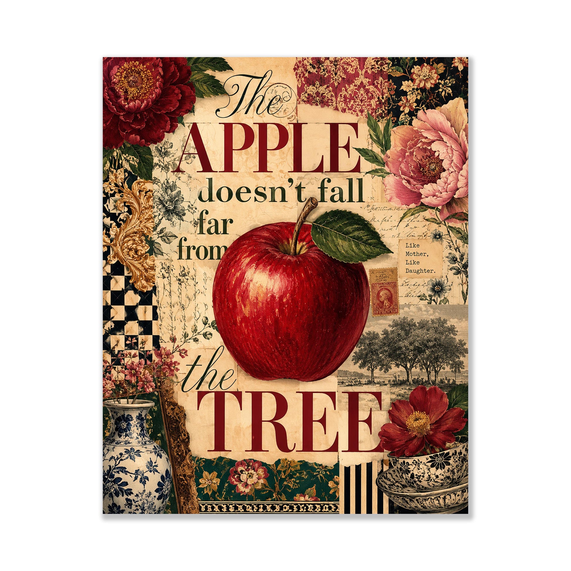 The Apple Doesn’t Fall Far From the Tree Wall Art Print, Mother Daughter, Maximalist Botanical Home Decor, Vintage Style Family Gift