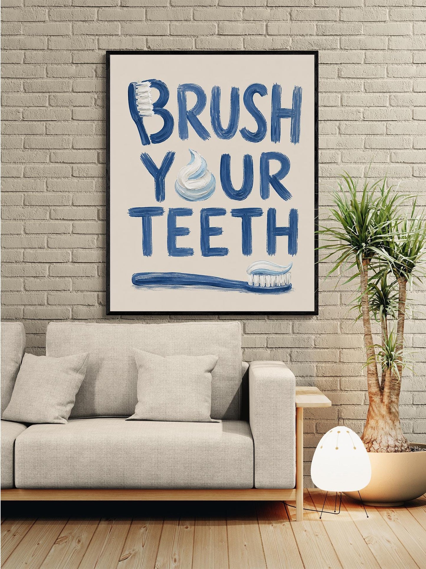 Brush Your Teeth Bathroom Wall Art Print | Funny Home Decor | Children's Room | Nursery | Blue Neutral Toothbrush Typography Gift