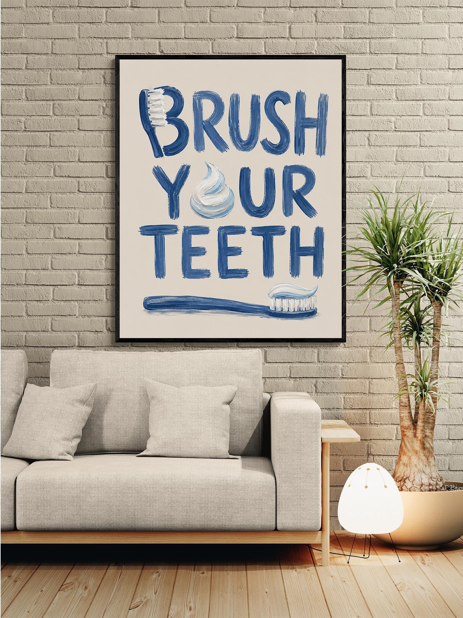 Brush Your Teeth Bathroom Wall Art Print | Funny Home Decor | Children's Room | Nursery | Blue Neutral Toothbrush Typography Gift