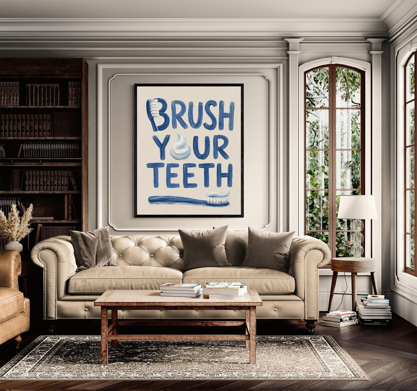 Brush Your Teeth Bathroom Wall Art Print | Funny Home Decor | Children's Room | Nursery | Blue Neutral Toothbrush Typography Gift