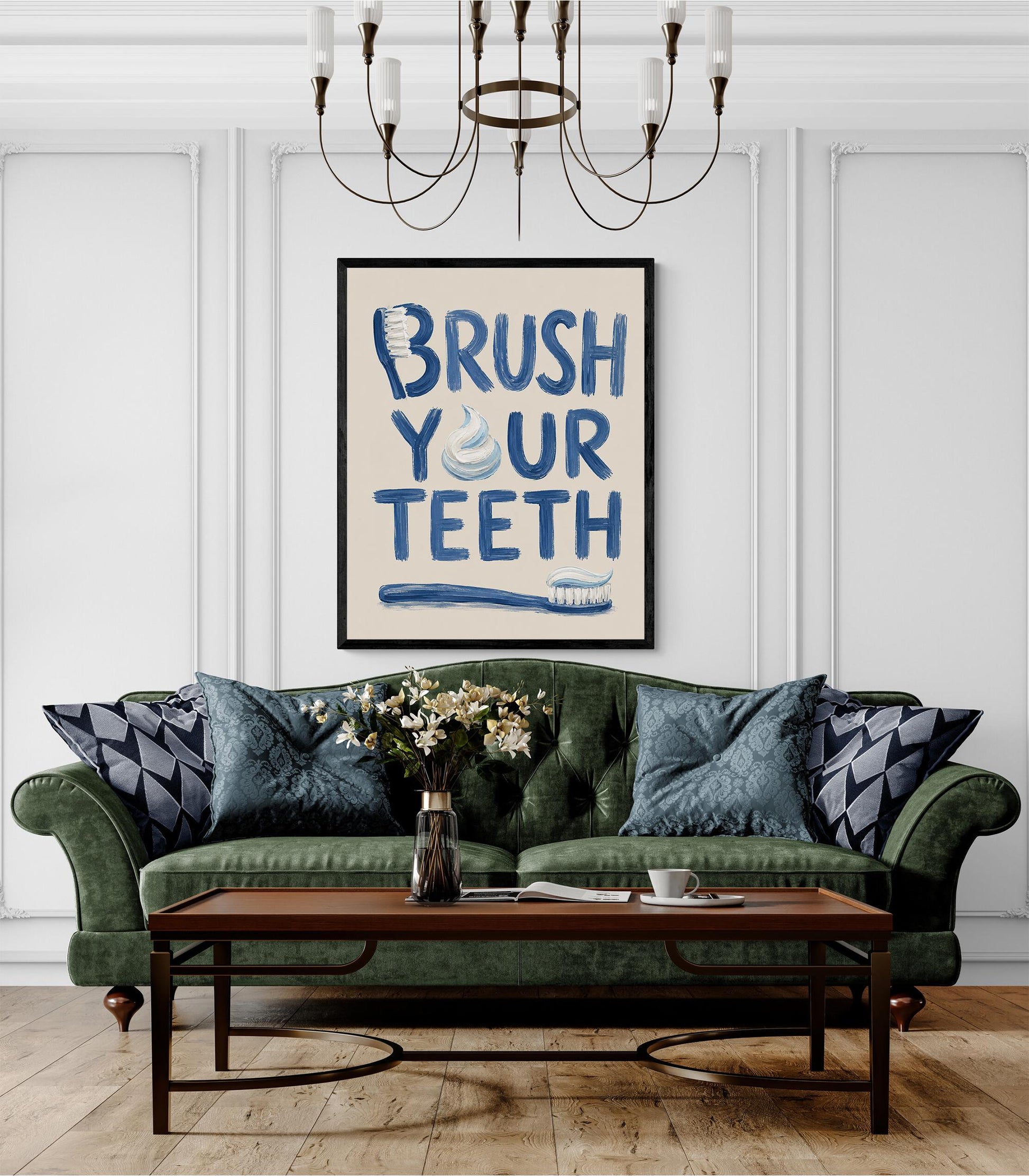 Brush Your Teeth Bathroom Wall Art Print | Funny Home Decor | Children's Room | Nursery | Blue Neutral Toothbrush Typography Gift