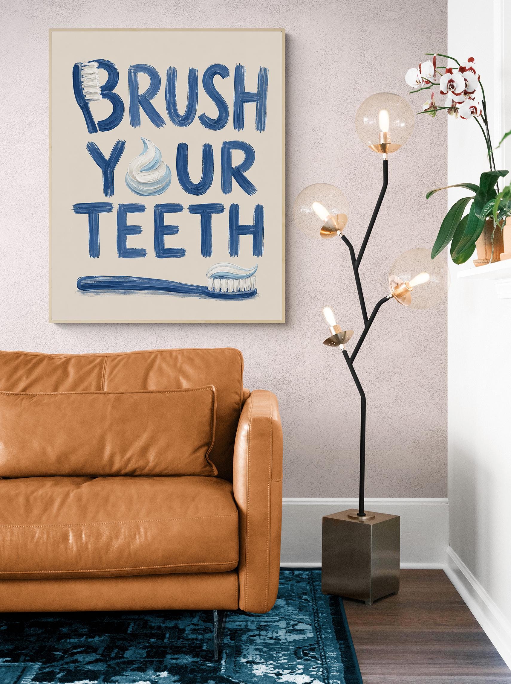 Brush Your Teeth Bathroom Wall Art Print | Funny Home Decor | Children's Room | Nursery | Blue Neutral Toothbrush Typography Gift
