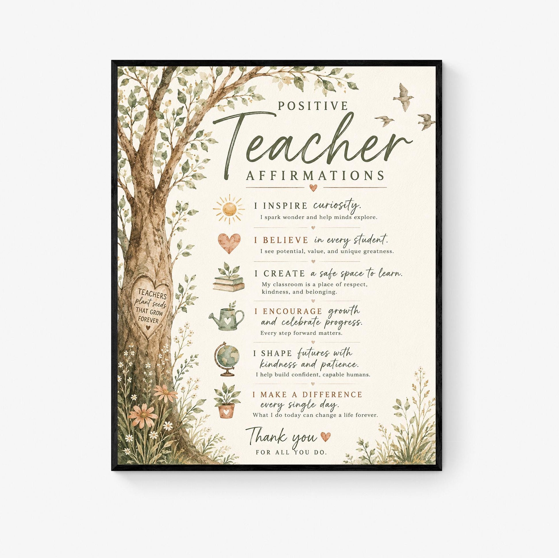 Positive Teacher Affirmations Wall Art Print, Teacher Appreciation Gift, Classroom Wall Decor, Watercolor Educator School Present
