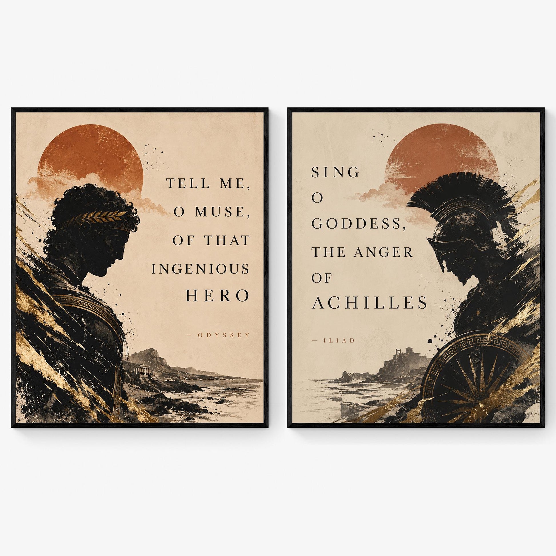 Iliad And Odyssey Wall Art Print | Sing O Goddess | Tell Me O Muse | Homer Poem | Literary Home Decor | Classical Set of 2 Beige Posters