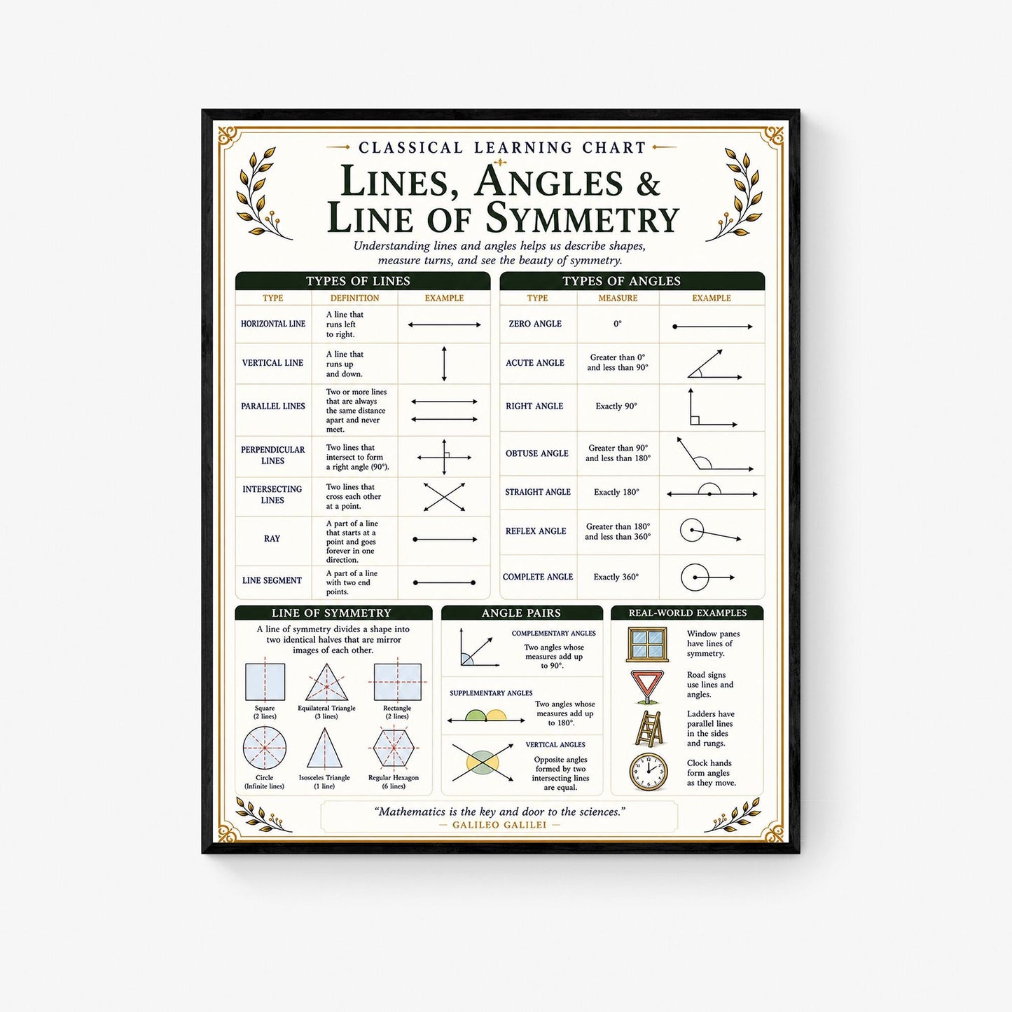 Lines Angles Symmetry Chart Wall Art Print, Classical Learning Poster, Math Teacher Classroom Reference, Homeschool, Elementary Room Decor